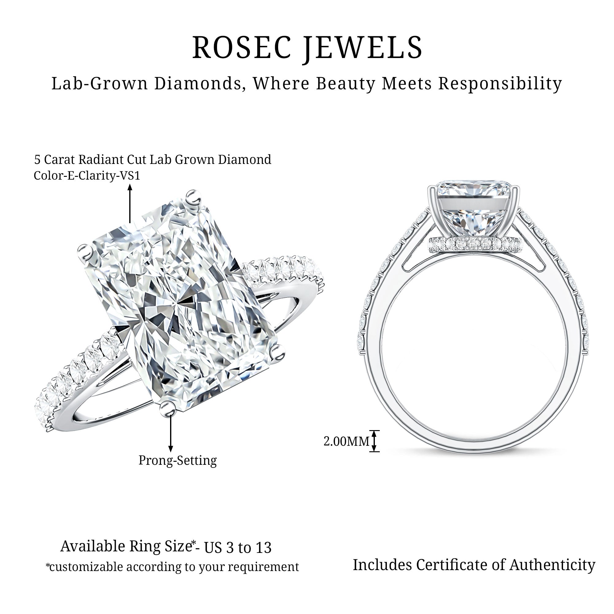Rosec Jewels-IGI Certified 5 Carat Lab Grown Diamond Solitaire Radiant Cut Engagement Ring
