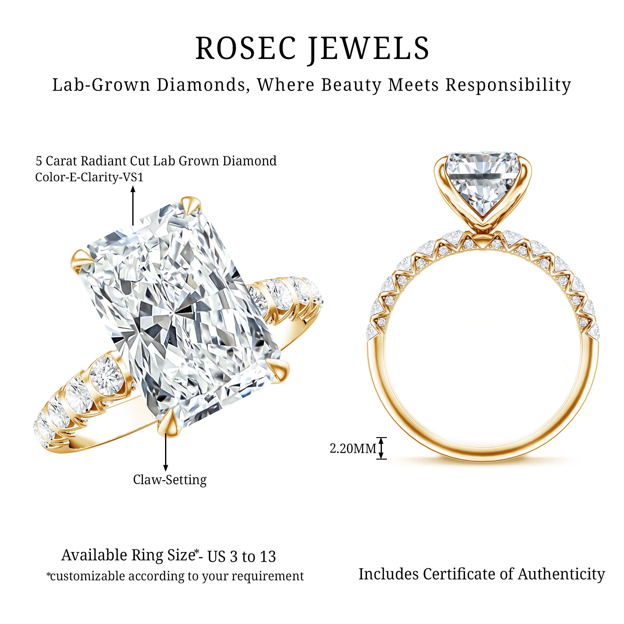 Rosec Jewels-Radiant Cut Lab Grown Diamond Huge Engagement Ring 5 Carat IGI Certified