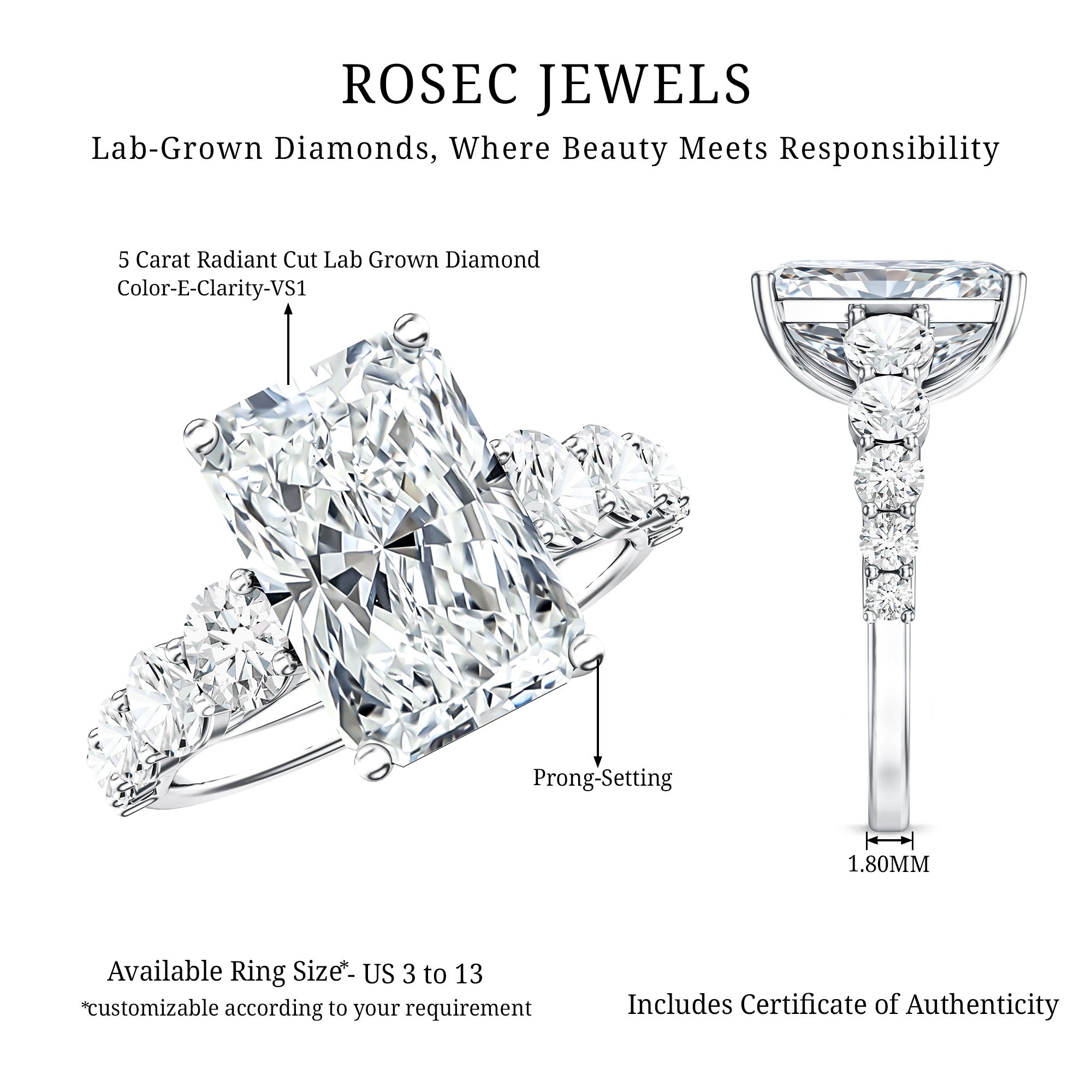 IGI Certified Radiant Cut Lab Grown Diamond 5 Carat Huge Engagement Ring with Side Stones Lab - ( E-VS1 ) - Rosec Jewels