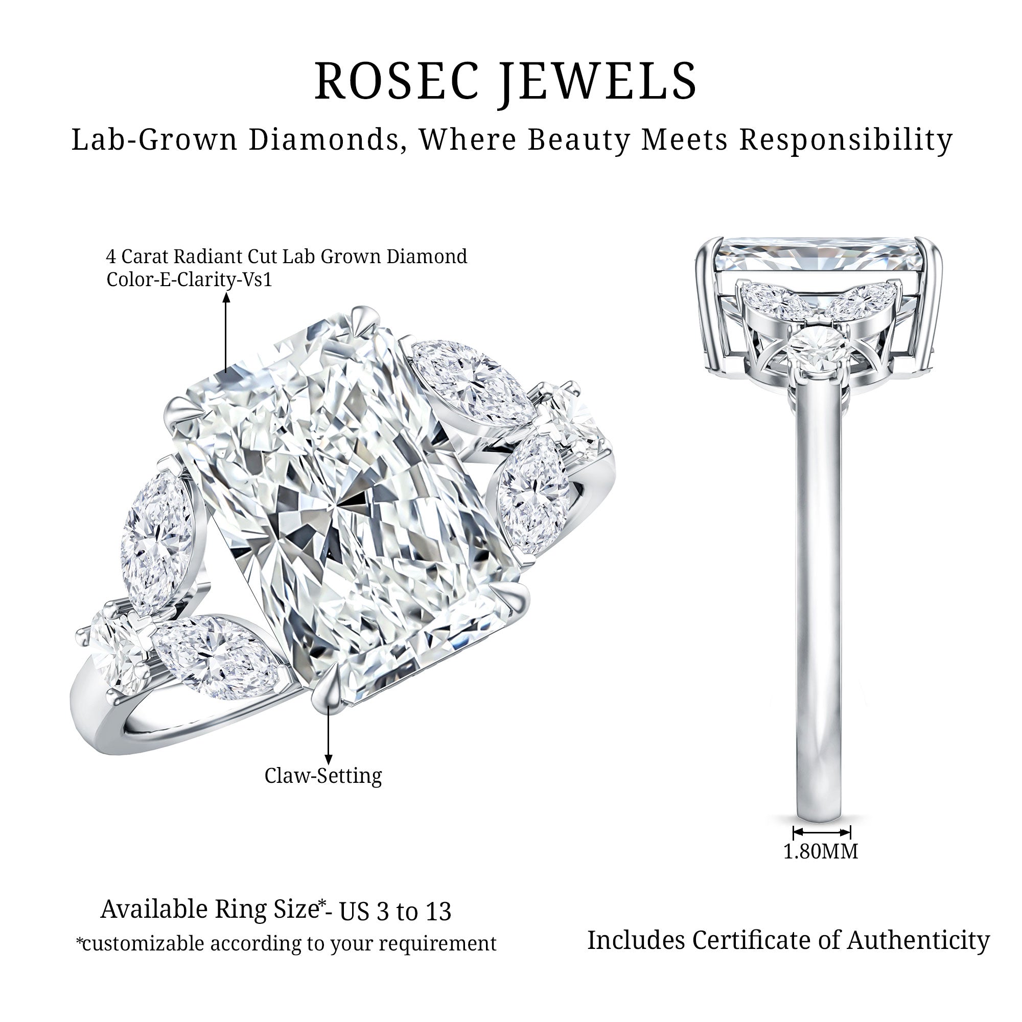 Rosec Jewels-4 Carat Radiant Cut Lab Grown Diamond Split Shank Engagement Ring IGI Certified