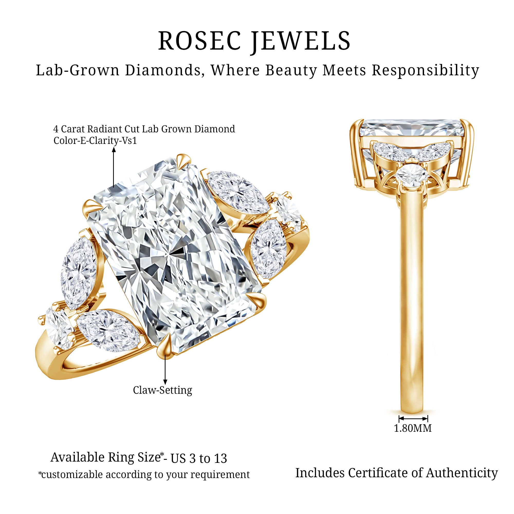 Rosec Jewels-4 Carat Radiant Cut Lab Grown Diamond Split Shank Engagement Ring IGI Certified