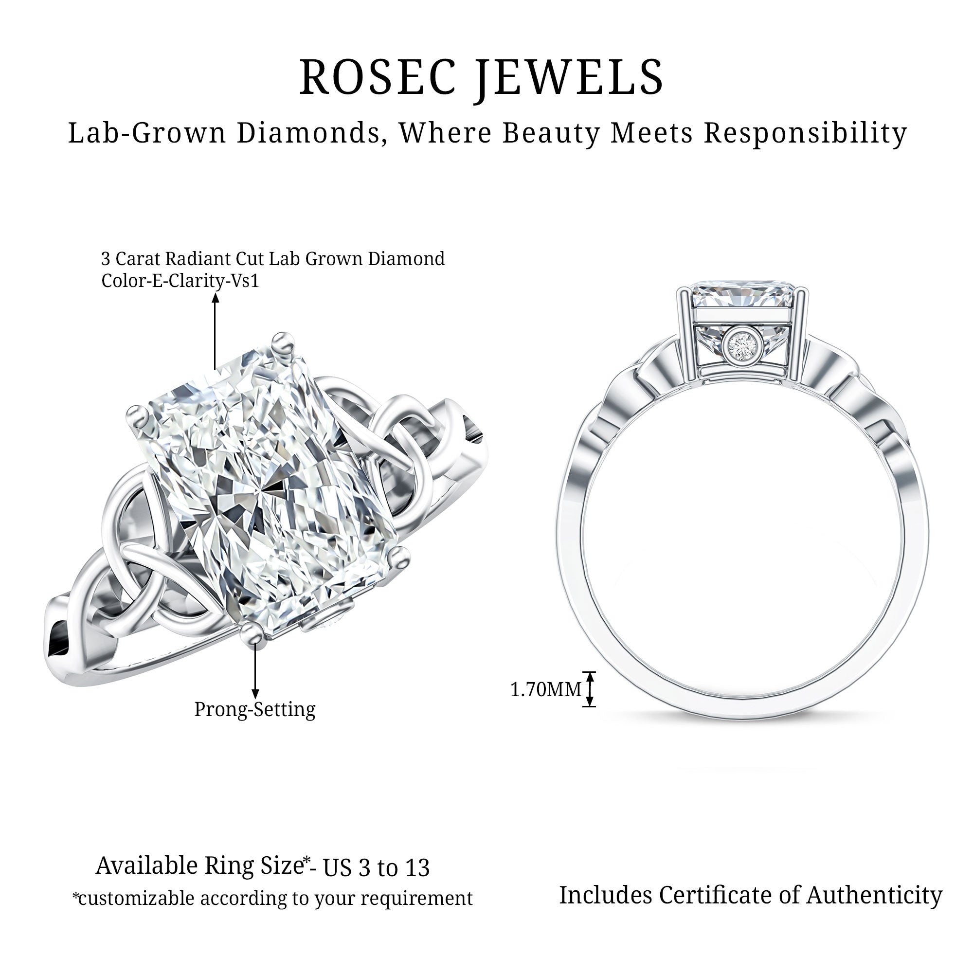 Rosec Jewels-IGI Certified 3 Carat Radiant Cut Lab Diamond Knot Engagement Ring