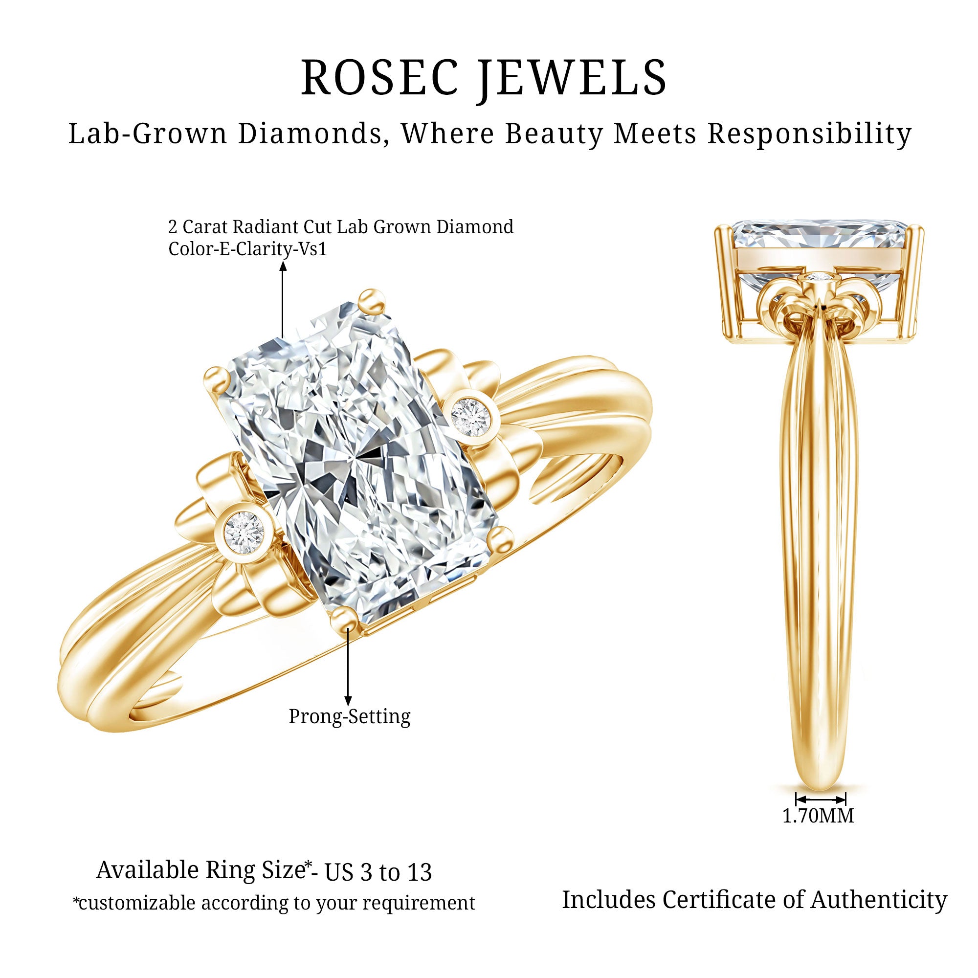 Rosec Jewels-IGI Certified 2 Carat Lab Grown Diamond Radiant Cut Engagement Ring with Bow