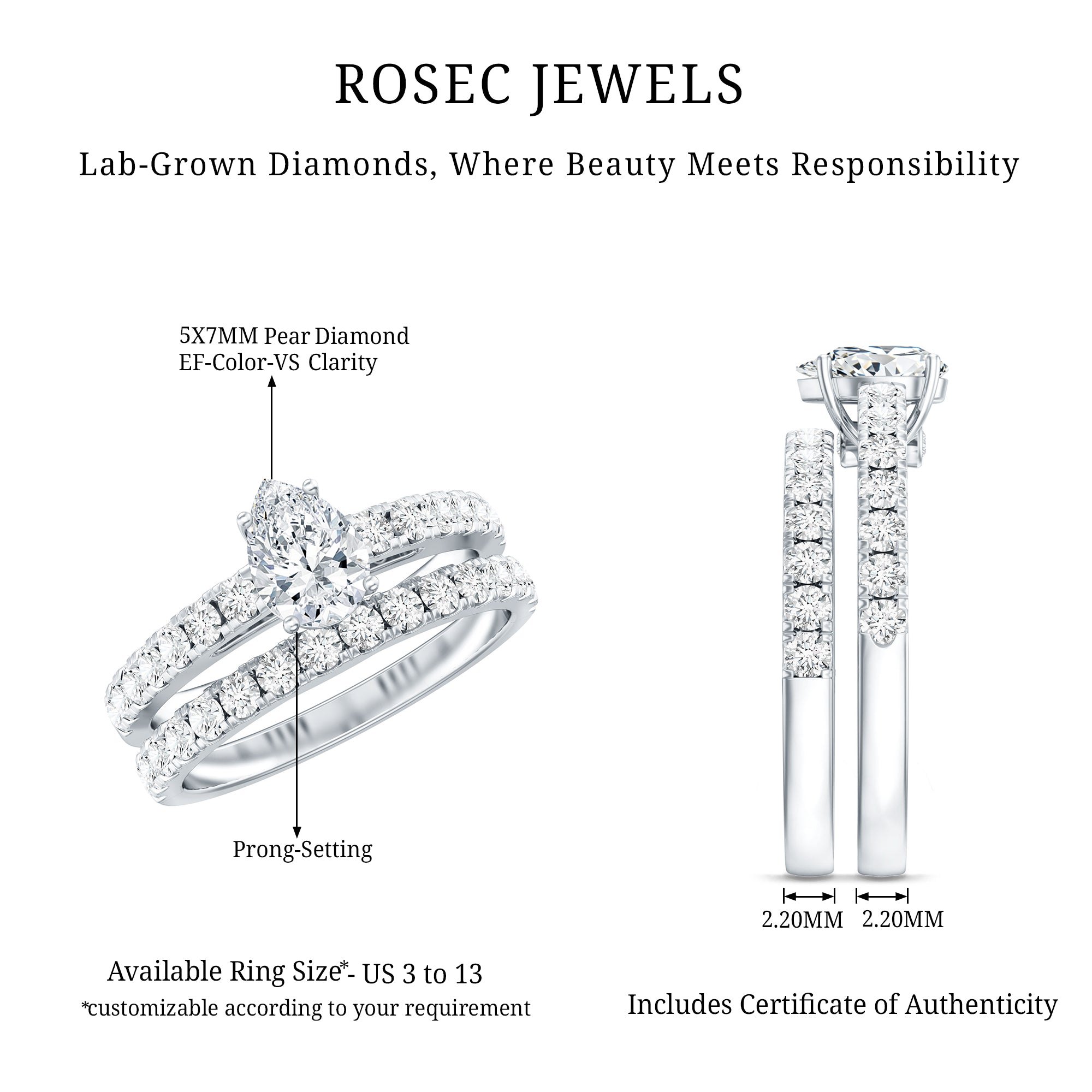 1 Carat Pear Shaped Lab Grown Diamond Wedding Ring Set with IGI Certificate Lab - ( E-VS1 ) - Rosec Jewels