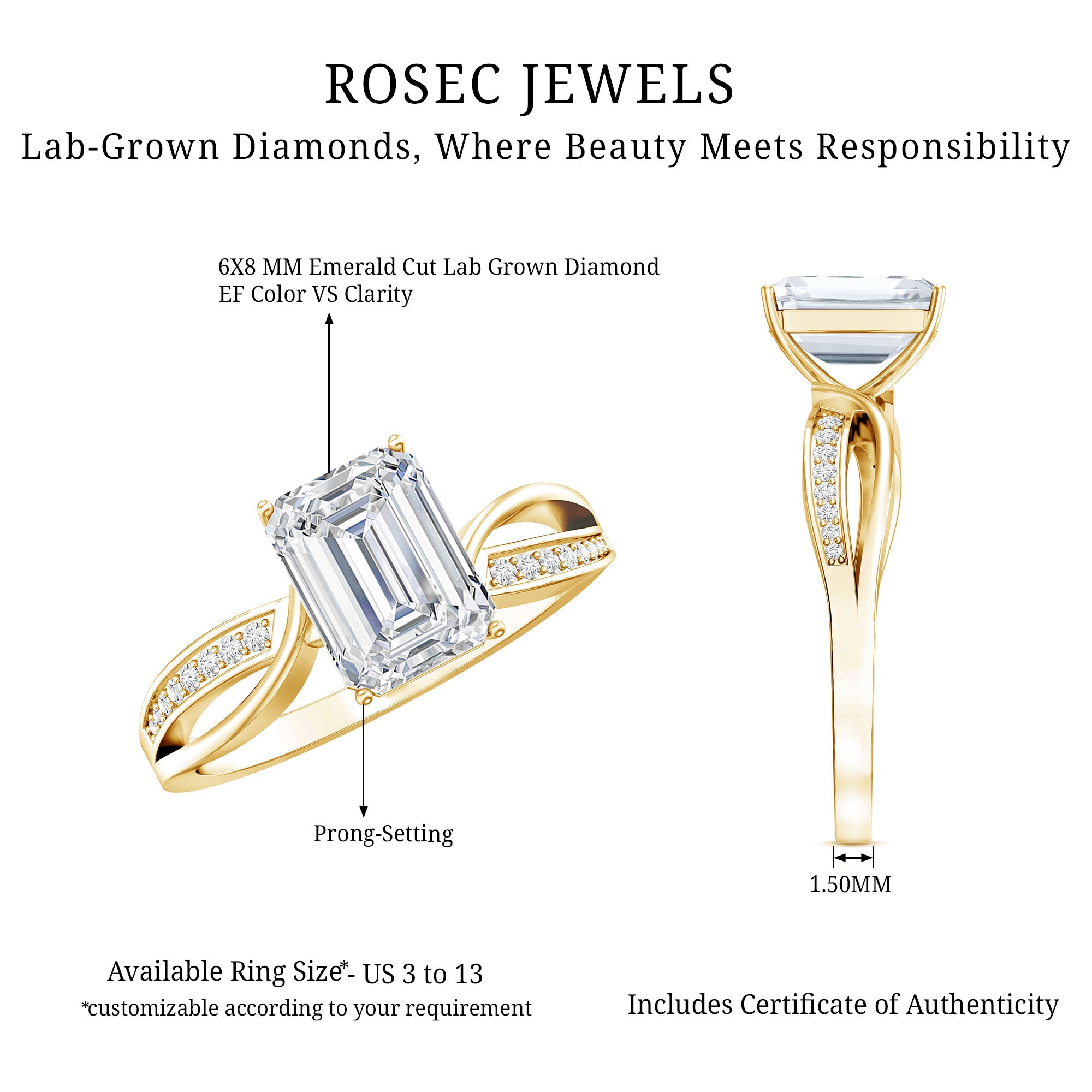 IGI Certified 2 Carat Emerald Cut Lab Grown Diamond Infinity Engagement Ring Lab - ( E-VS1 ) - Rosec Jewels