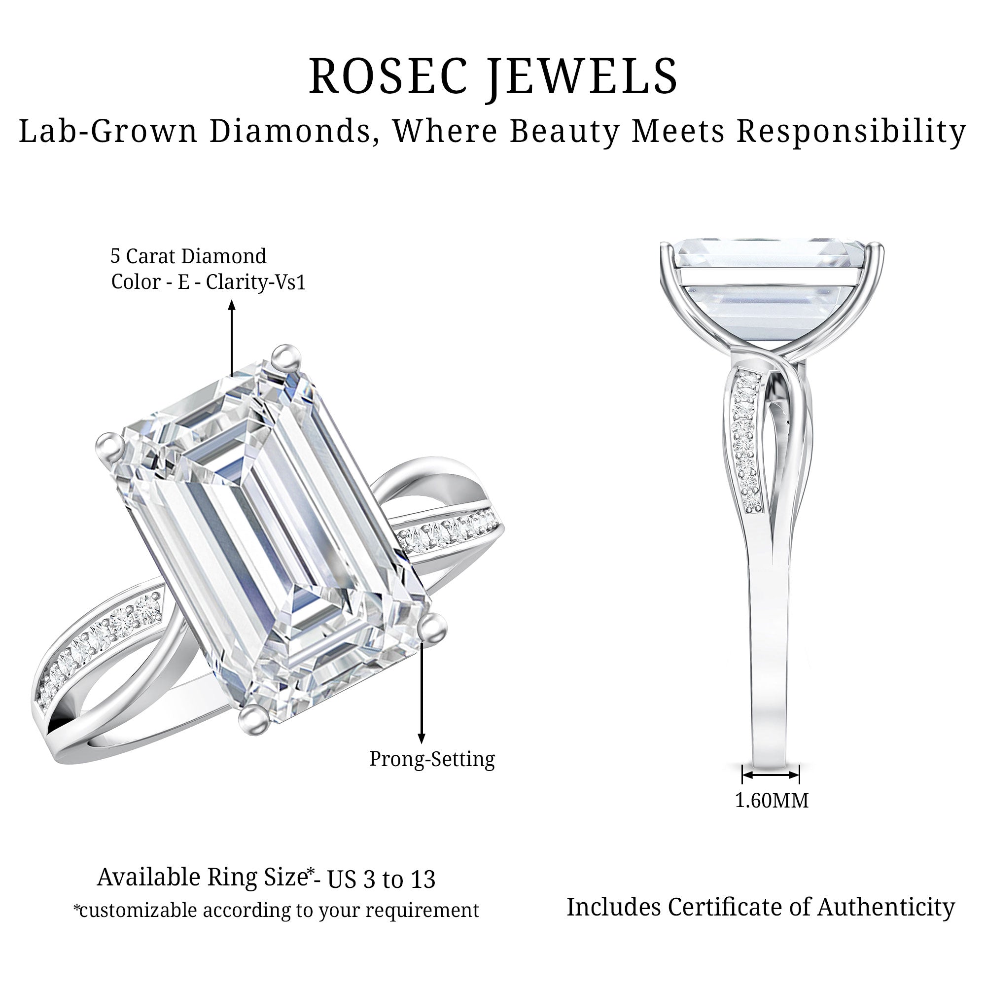 Rosec Jewels-Huge 5 Carat Emerald Cut Lab Grown Diamond Infinity Band Engagement Ring with IGI Certificate