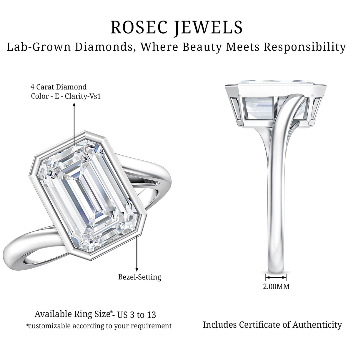 Rosec Jewels-IGI Verified 4 Carat Emerald Cut Lab Grown Diamond Bypass Engagement Ring