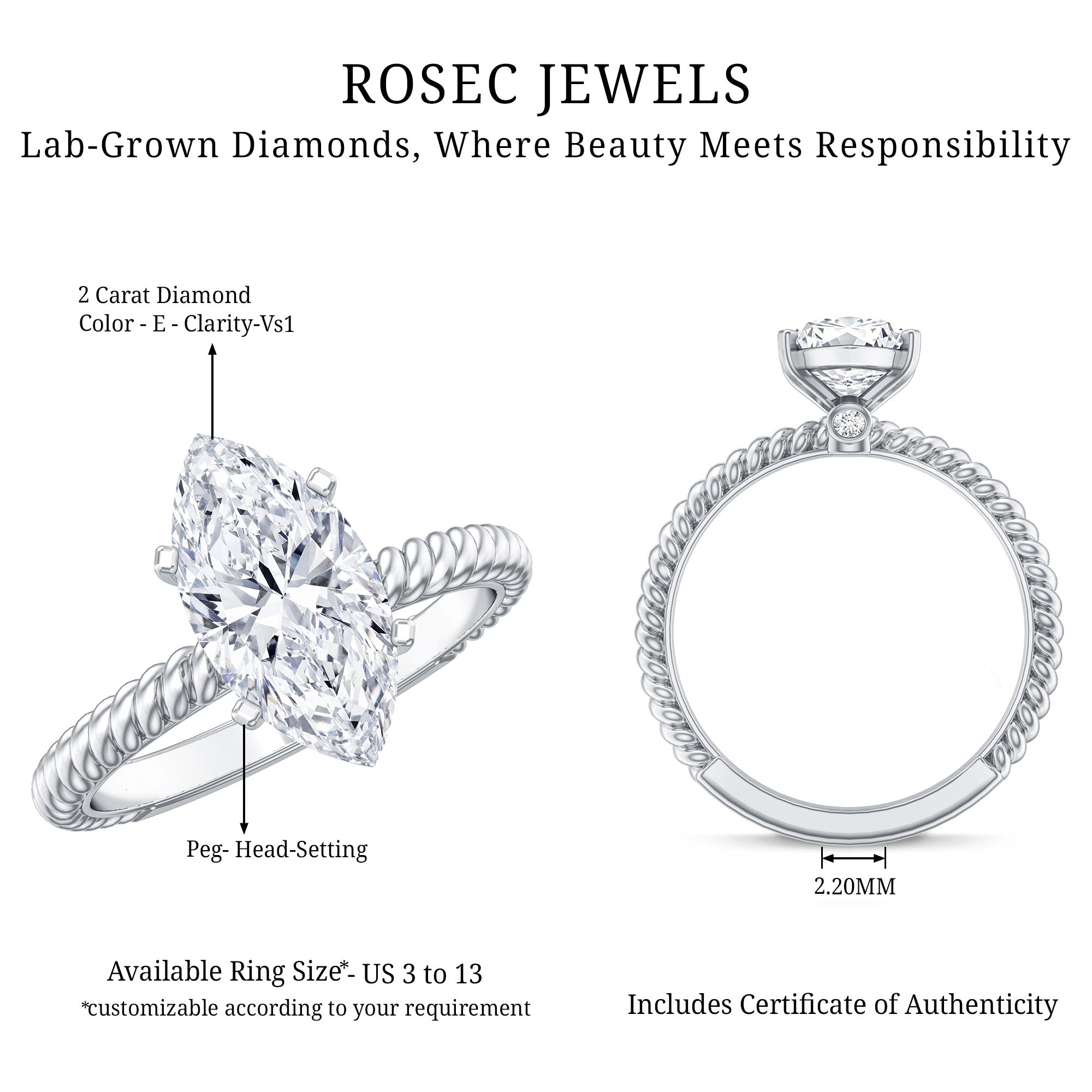 Rosec Jewels-Marquise Cut 2 Carat Lab Grown Diamond Solitaire Engagement Ring IGI Certified
