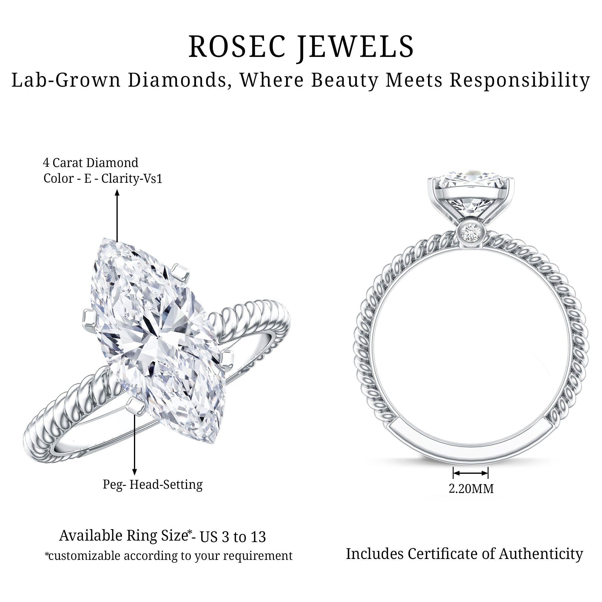 Rosec Jewels-3 Carat Lab Grown Diamond Marquise Engagement Ring IGI Certified