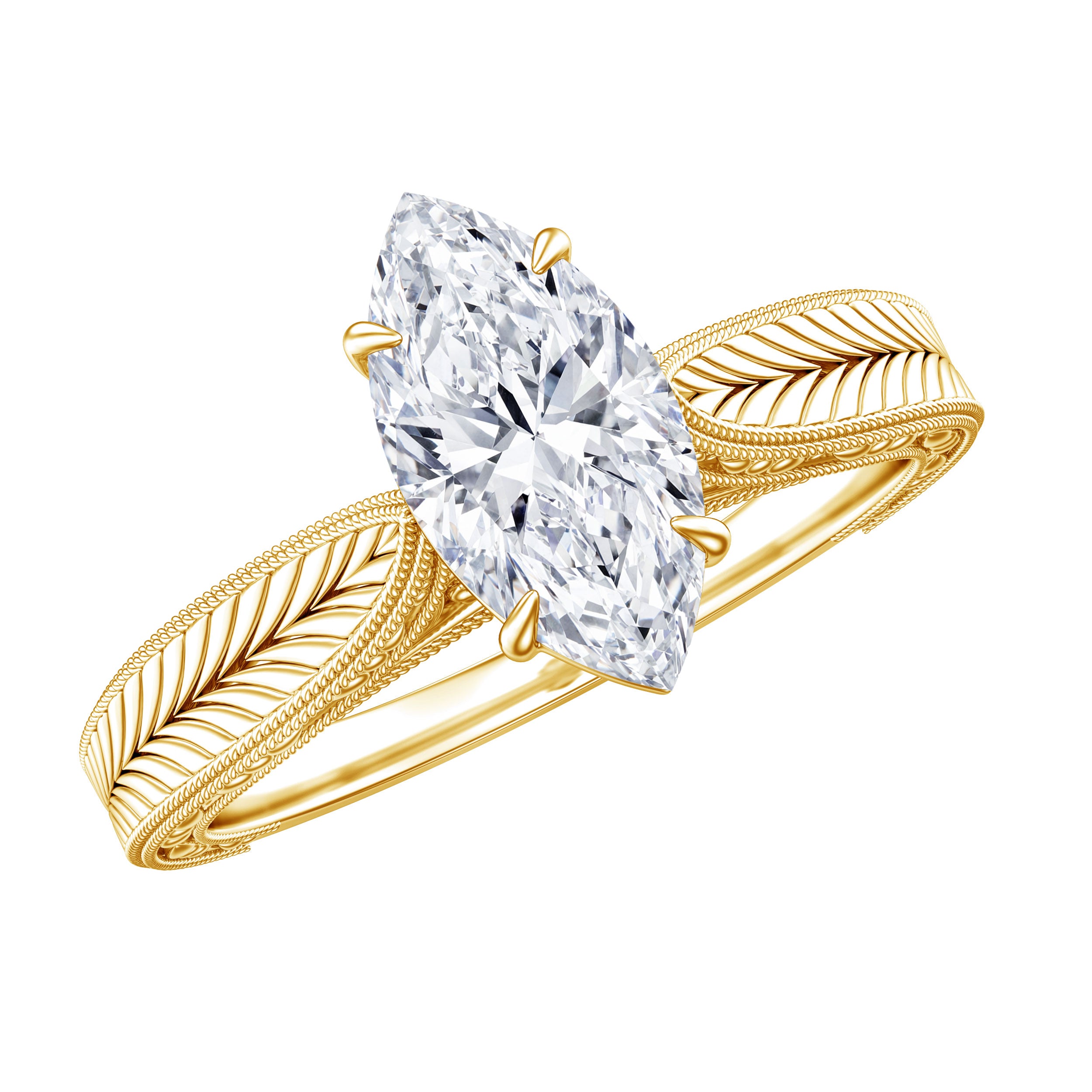 IGI Certified Vintage Looking Engraved Engagement Ring with 1 Carat Marquise Lab Diamond Lab - ( E-VS1 ) - Rosec Jewels