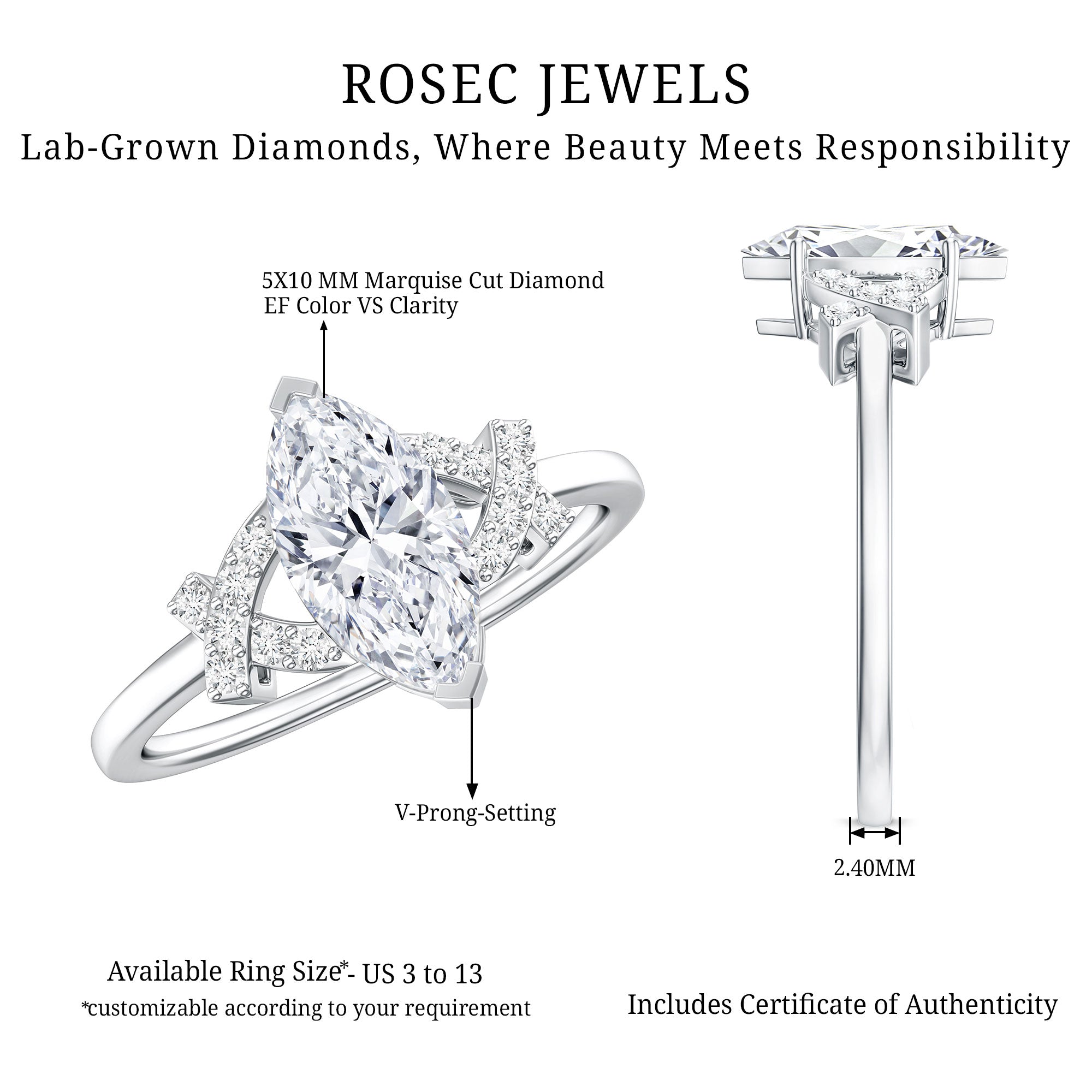 Rosec Jewels-IGI Certified 1 Carat Lab Grown Diamond Marquise Engagement Ring with Split Shank