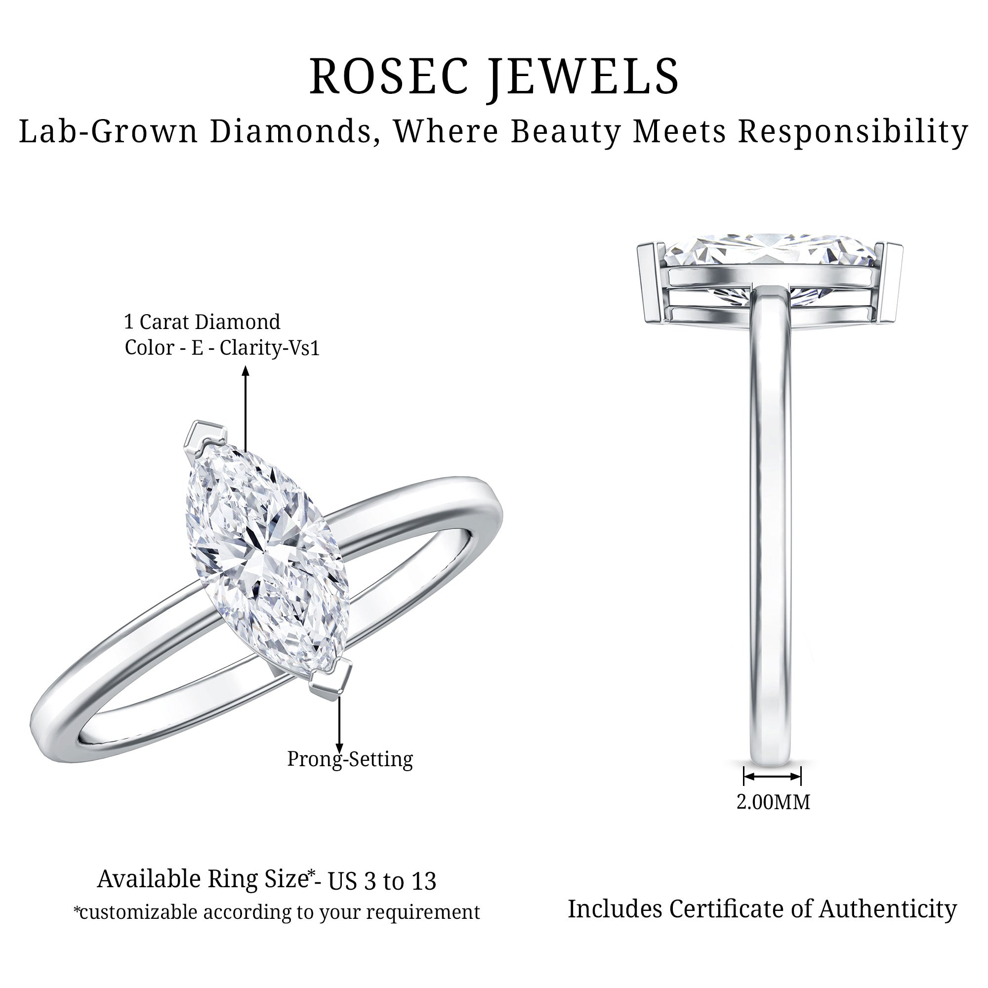 Rosec Jewels-Classic Marquise Cut Lab Grown Diamond 1 Carat Engagement Ring with IGI Certificate