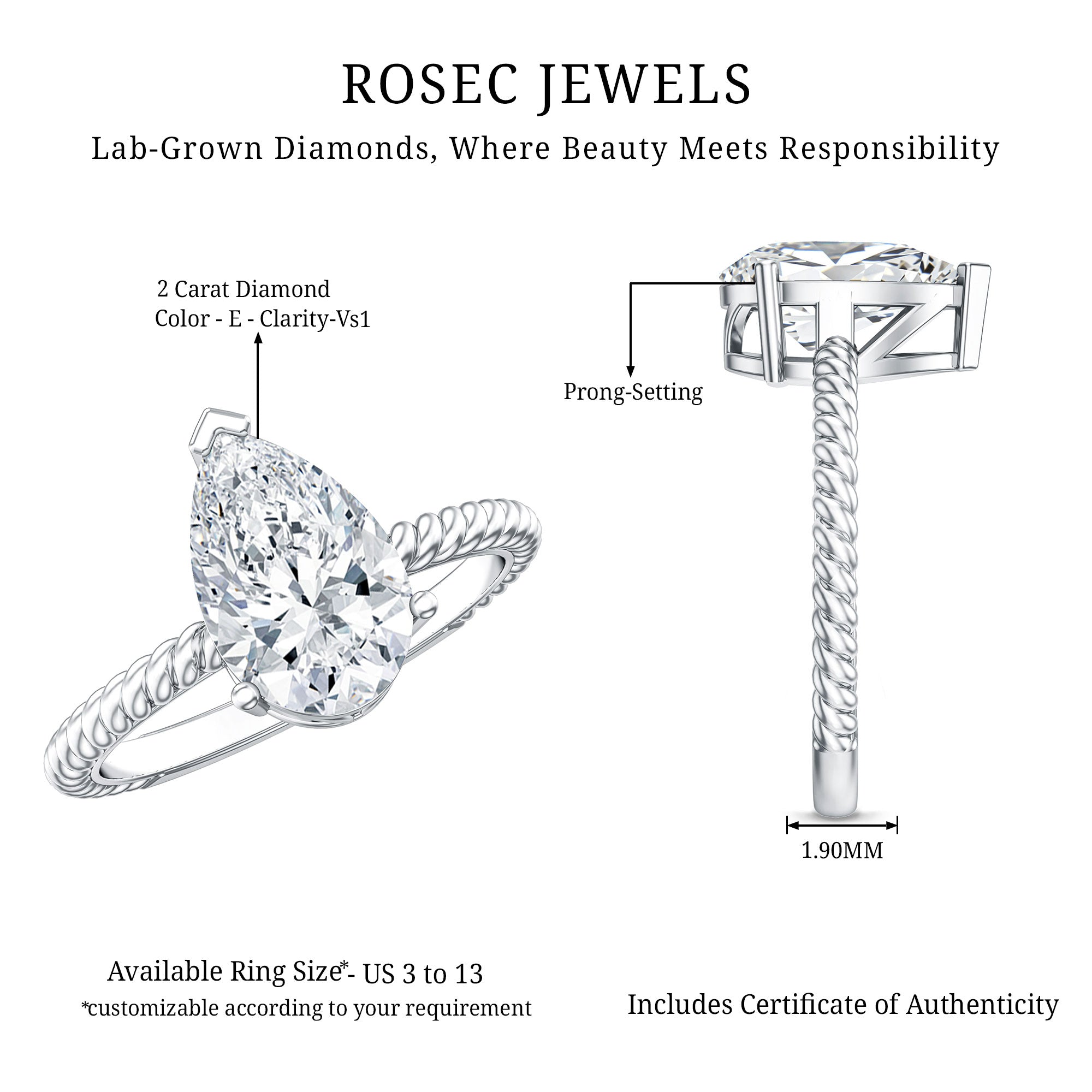 Rosec Jewels-Pear Shaped 2 Carat Lab Grown Diamond Solitaire Engagement Ring IGI Certified