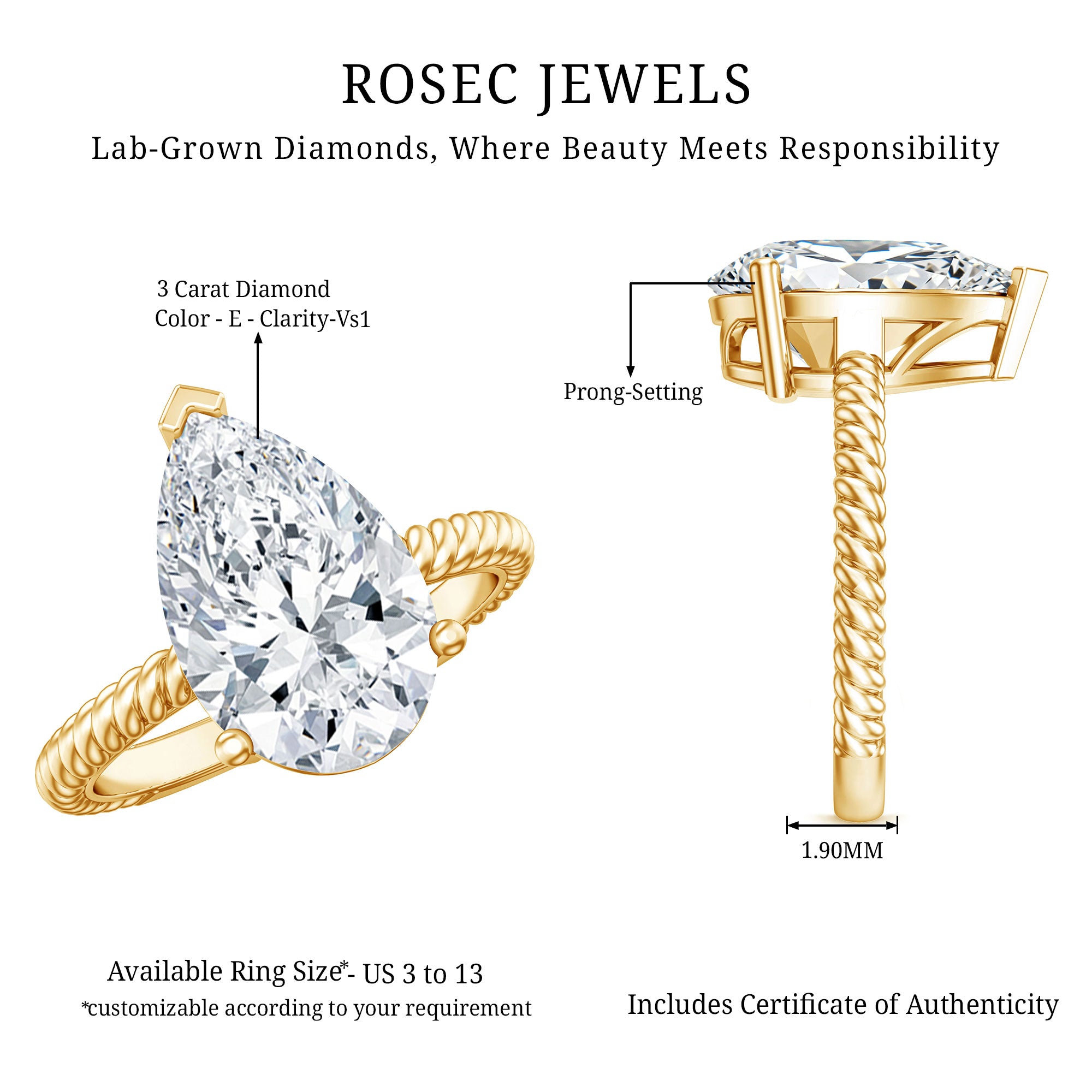 Rosec Jewels-IGI Certified 3 Carat Lab Grown Diamond Pear Solitaire Engagement Ring