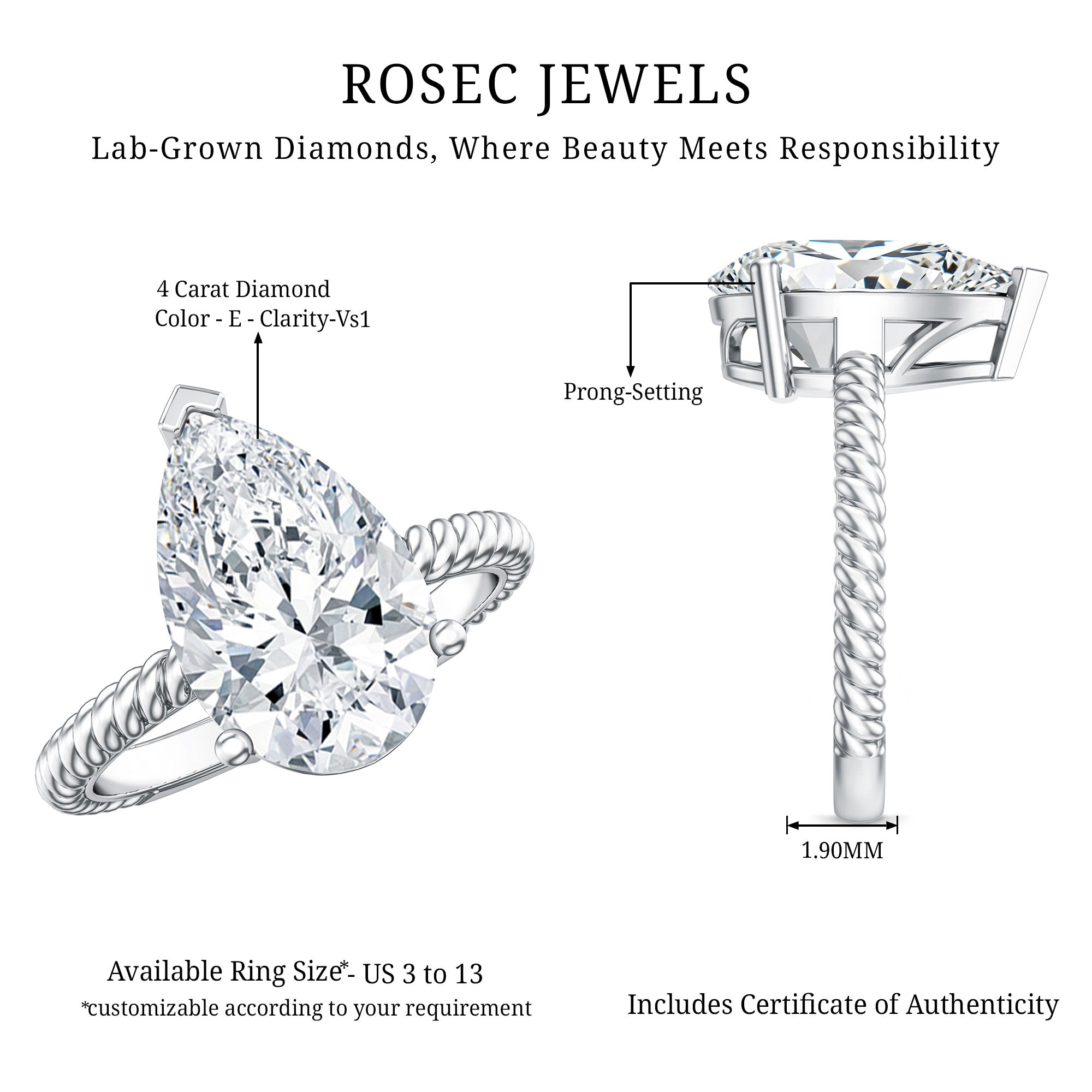 Rosec Jewels-4 Carat Solitaire Lab Created Diamond Teardrop Engagement Ring with IGI Certificate