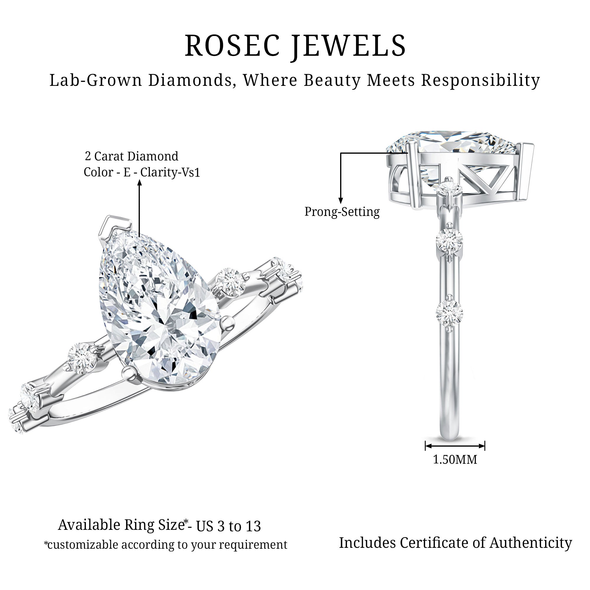 Rosec Jewels-IGI Certified Lab Grown 2 Carat Diamond Teardrop Engagement Ring with Spaced Accent