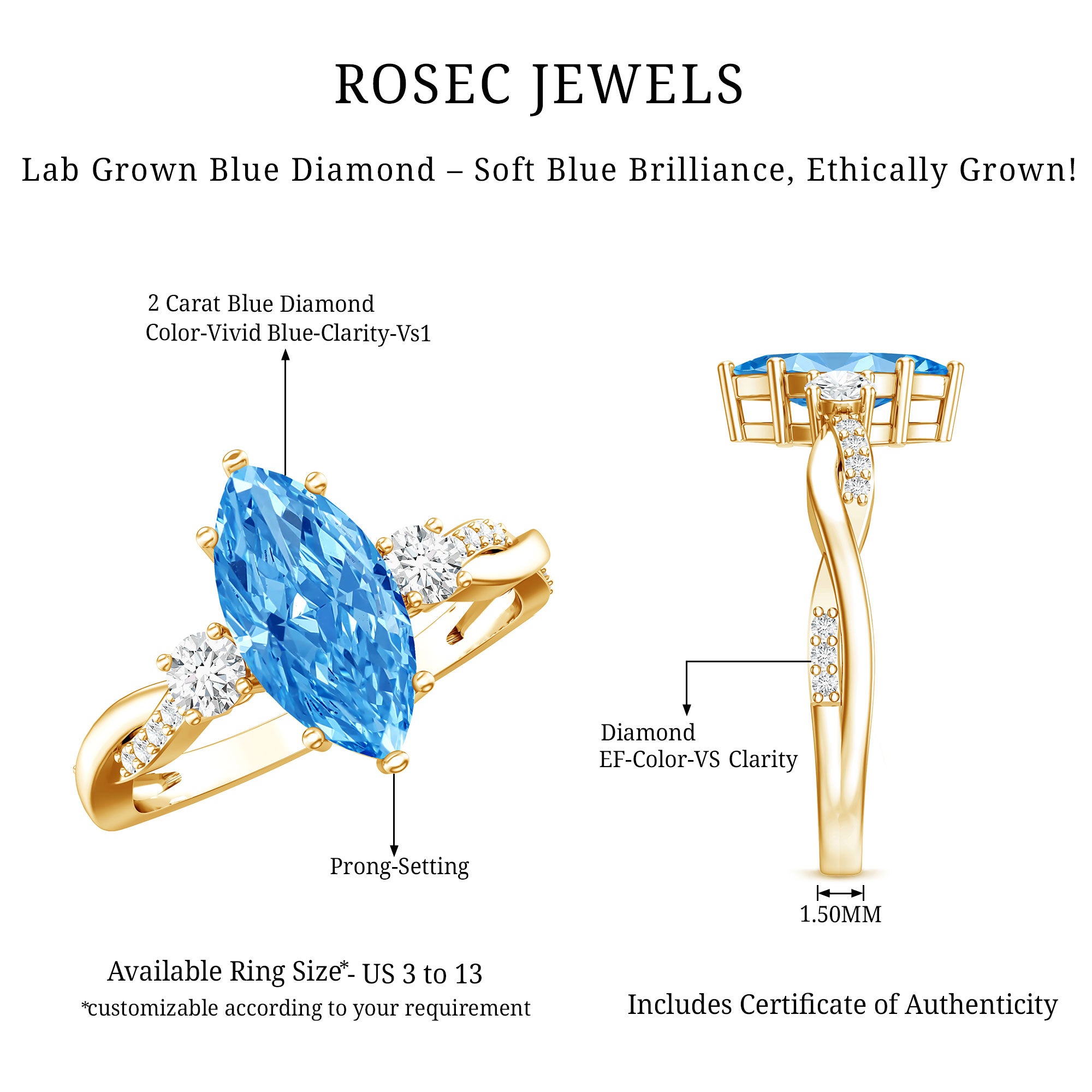 Rosec Jewels-IGI Certified Marquise Lab Grown Blue Diamond Designer Engagement Ring 2 Carat