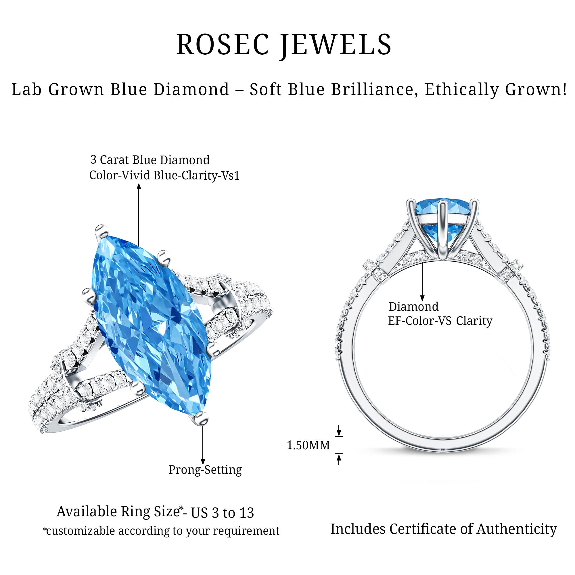 Rosec Jewels-IGI Certified 3 Carat Blue Lab Grown Diamond Marquise Engagement Ring with Split Shank