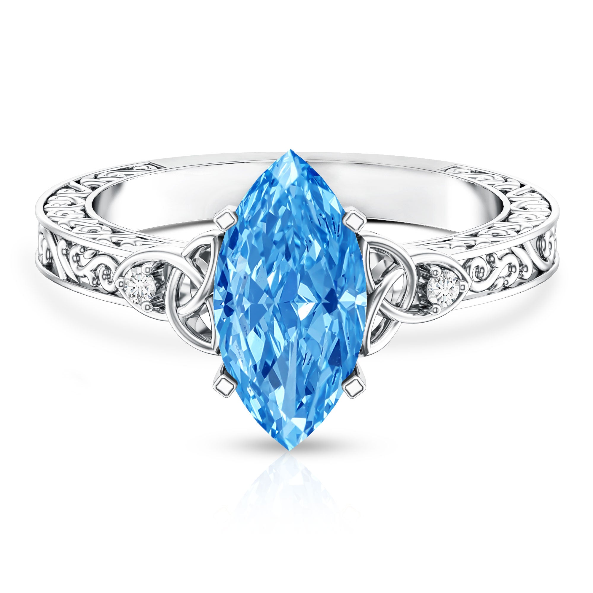 Rosec Jewels-Vintage Inspired 2 Carat Marquise Lab Grown Blue Diamond Celtic Engagement Ring IGI Certified