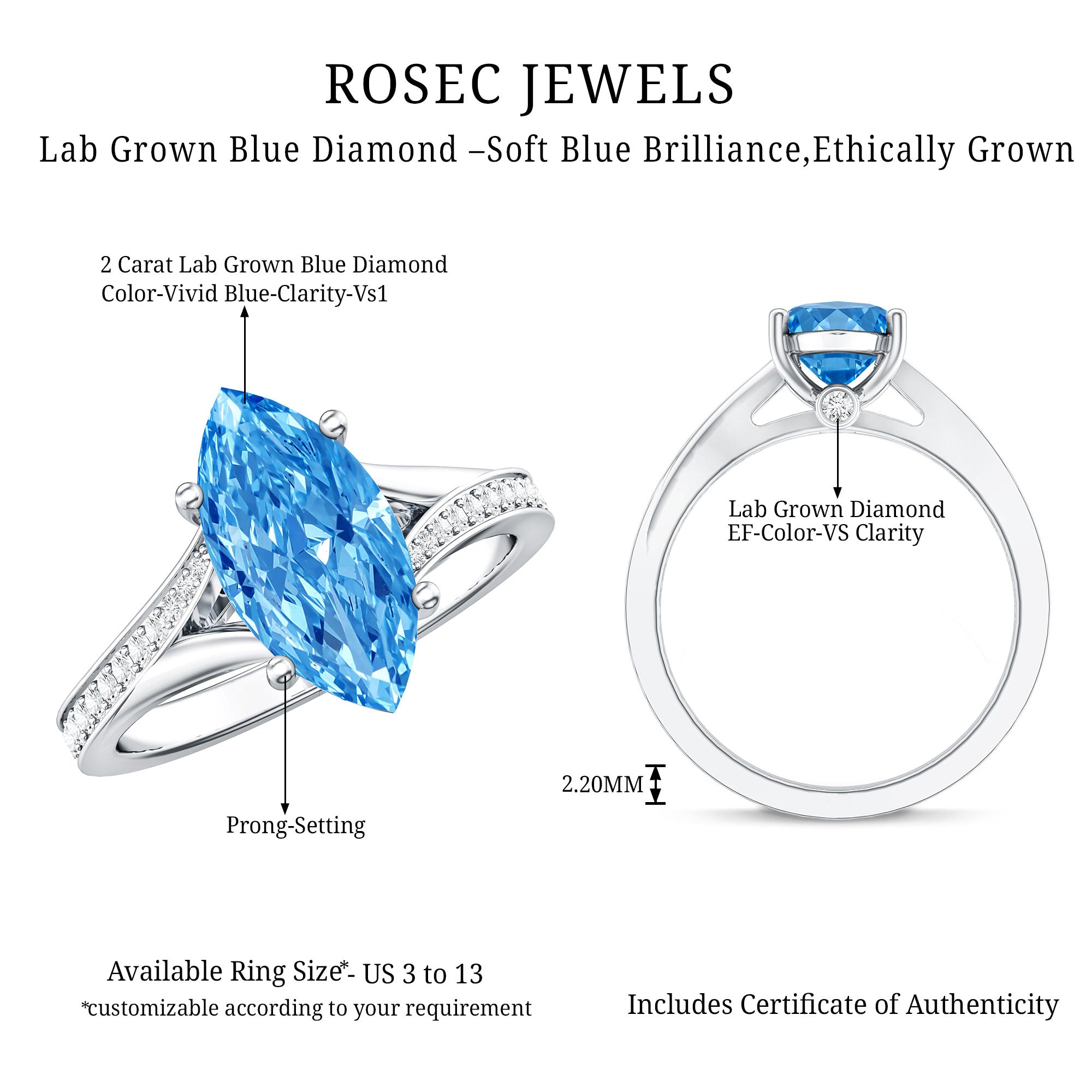 IGI Certified 2 Carat Lab Grown Blue Diamond Split Shank Engagement Ring Vivid Blue - VS1 - Rosec Jewels