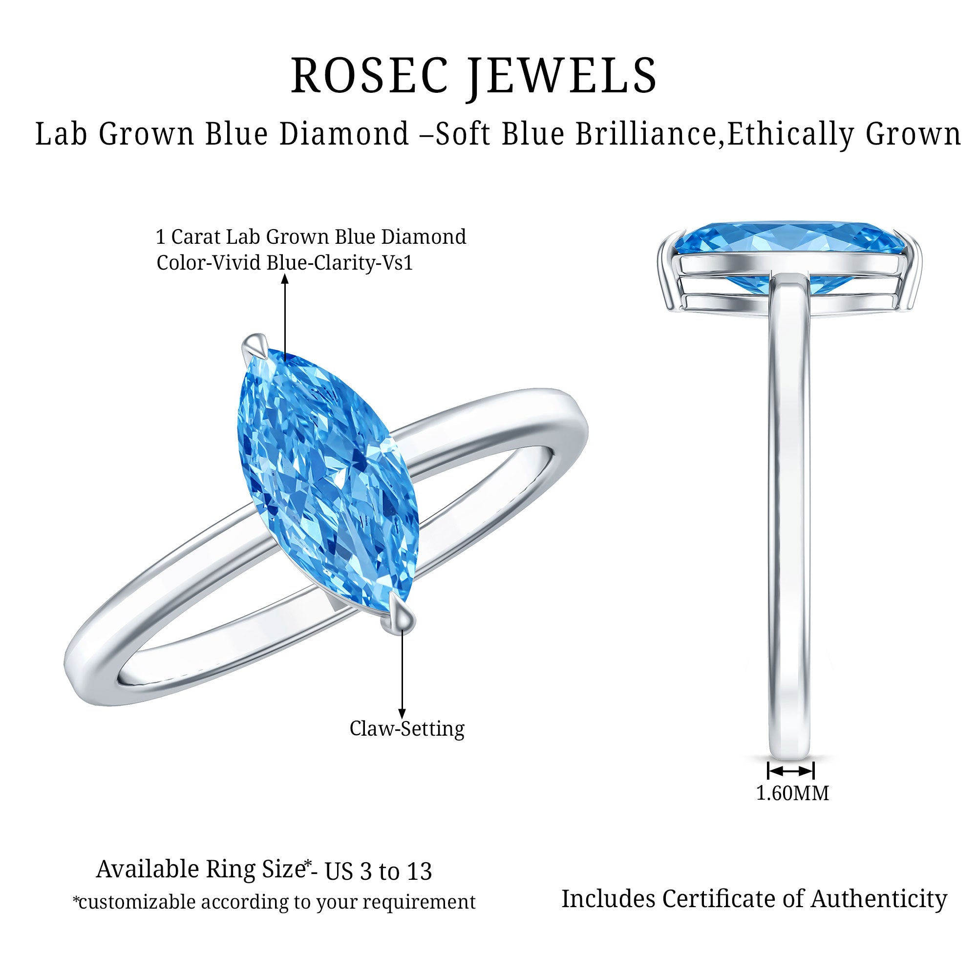Rosec Jewels-Solitaire 1 Carat Marquise Cut Lab Grown Blue Diamond Engagement Ring with IGI Certificate
