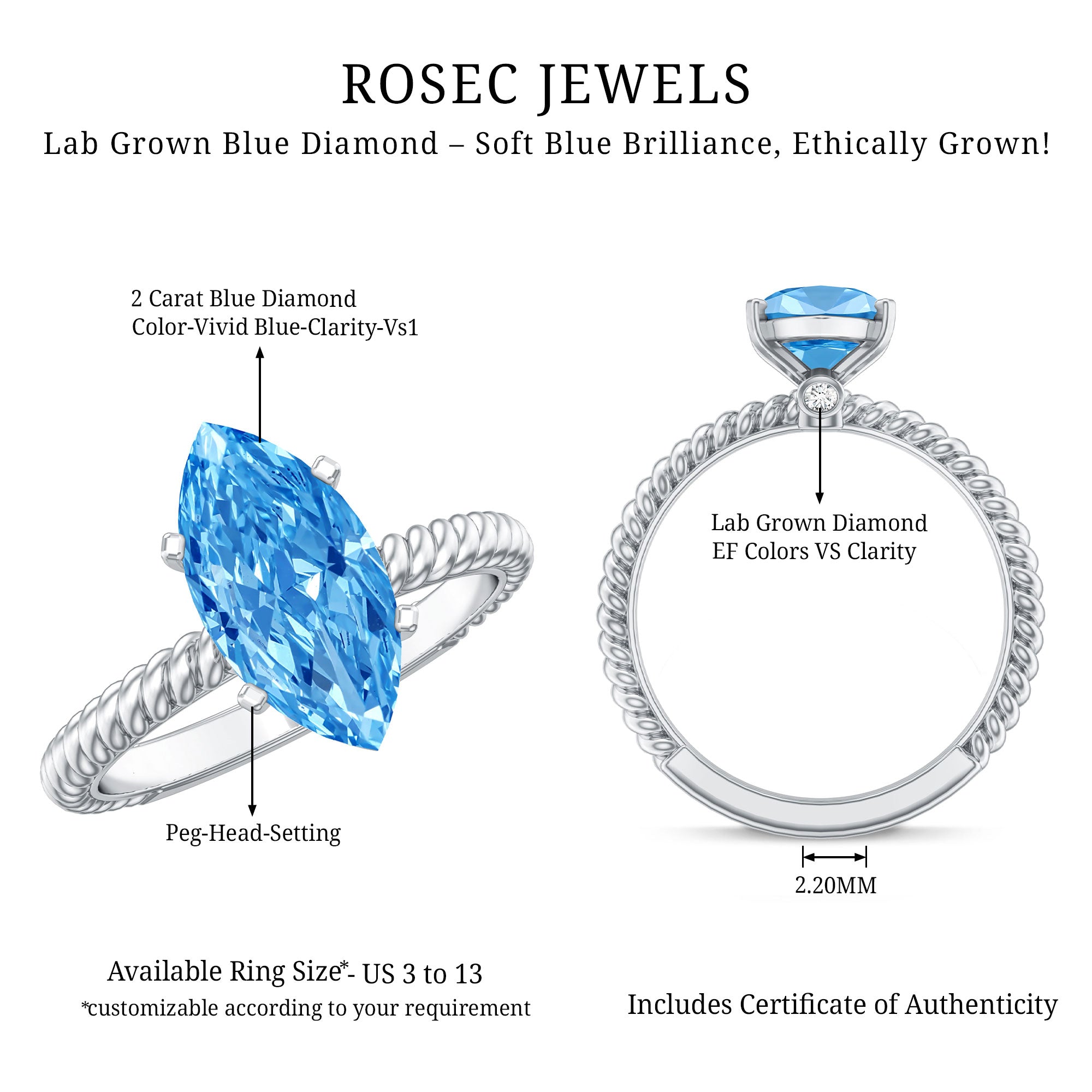 Lab Grown 2 Carat Blue Diamond Marquise Solitaire Engagement Ring IGI Certified Vivid Blue - VS1 - Rosec Jewels