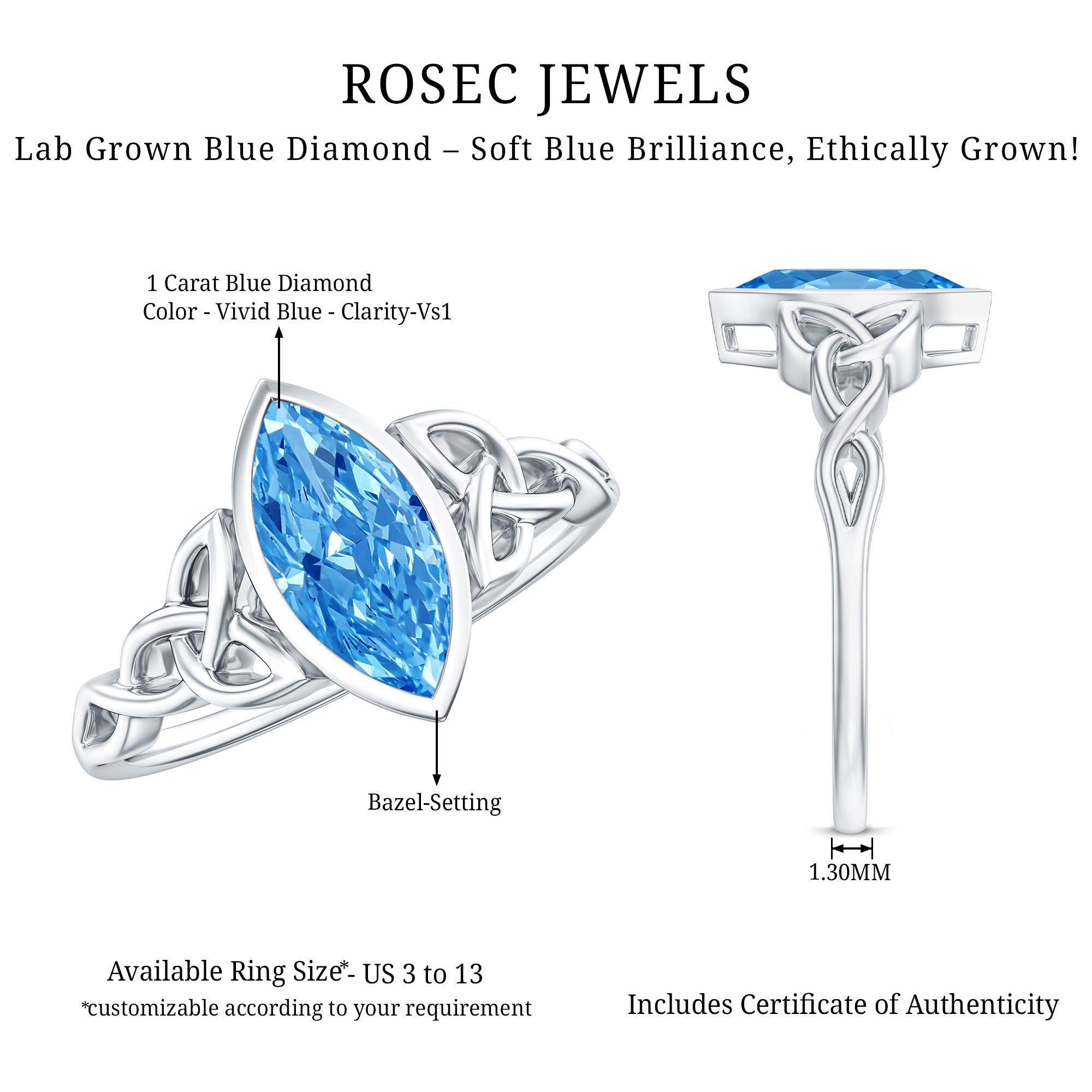 Rosec Jewels-1 Carat Marquise Cut Lab Blue Diamond Celtic Engagement Ring IGI Certified