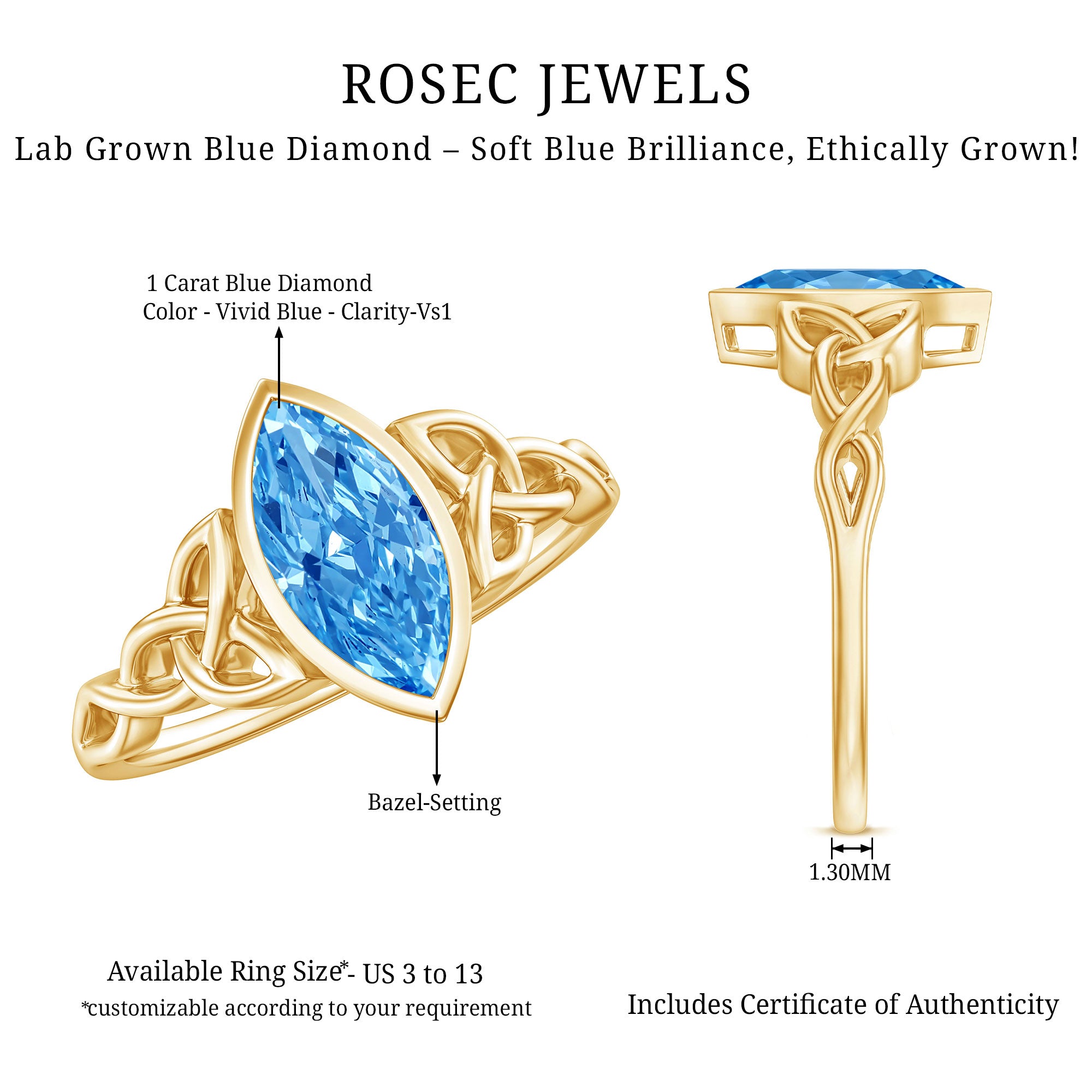 Rosec Jewels-1 Carat Marquise Cut Lab Blue Diamond Celtic Engagement Ring IGI Certified
