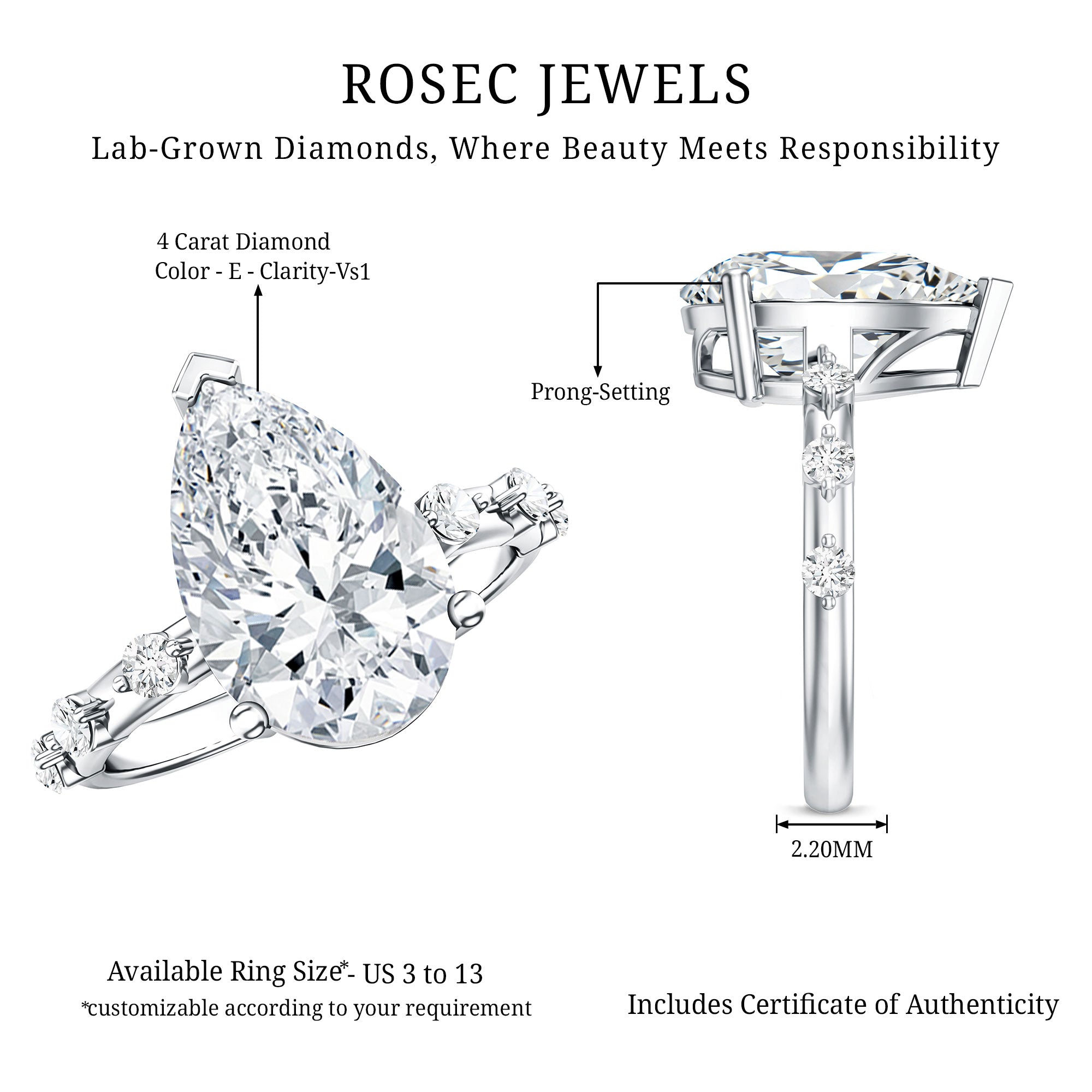 Rosec Jewels-IGI Certified 4 Carat Huge Lab Grown Diamond Pear Shaped Engagement Ring