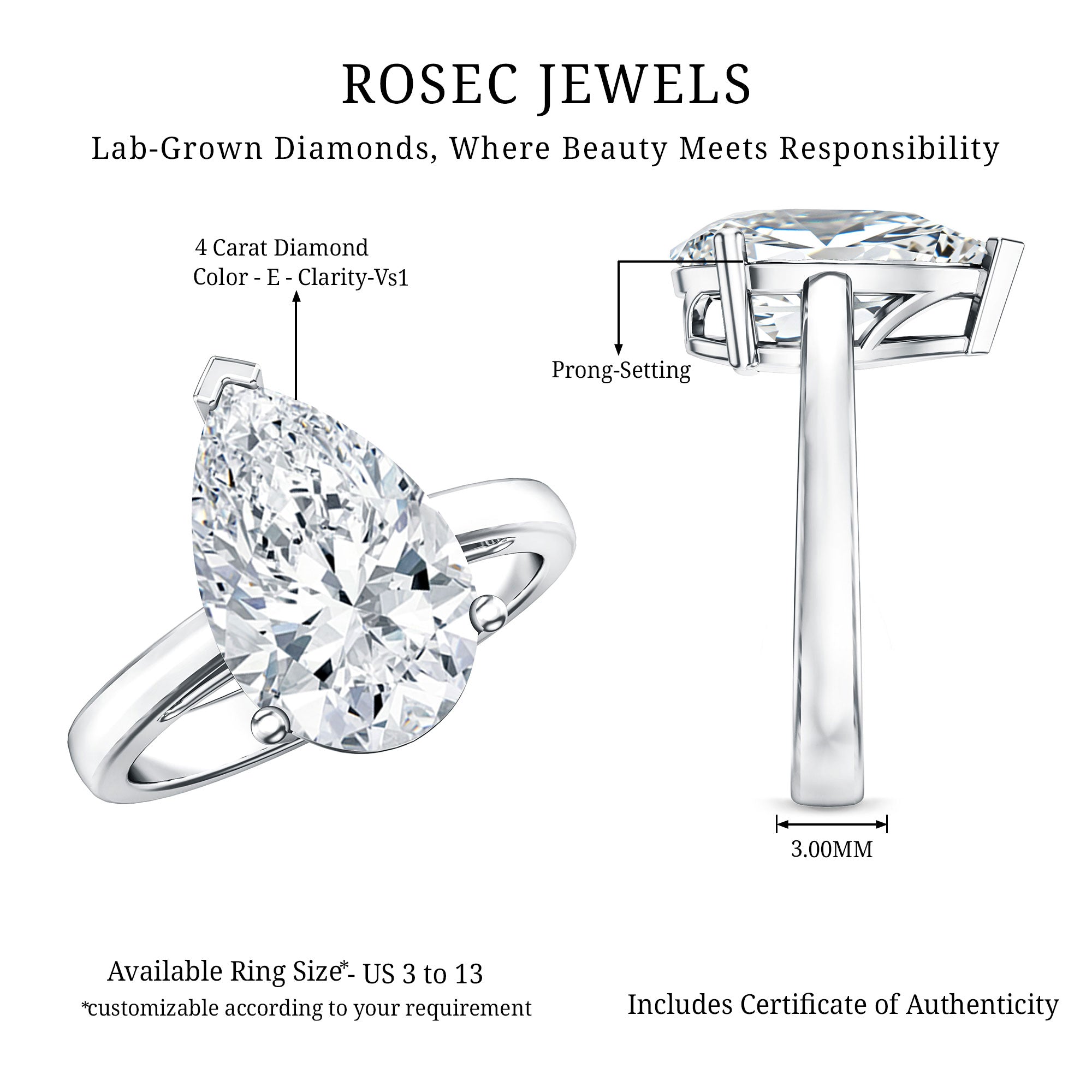 Rosec Jewels-4 Carat IGI Certified Lab Grown Diamond Pear Engagement Ring
