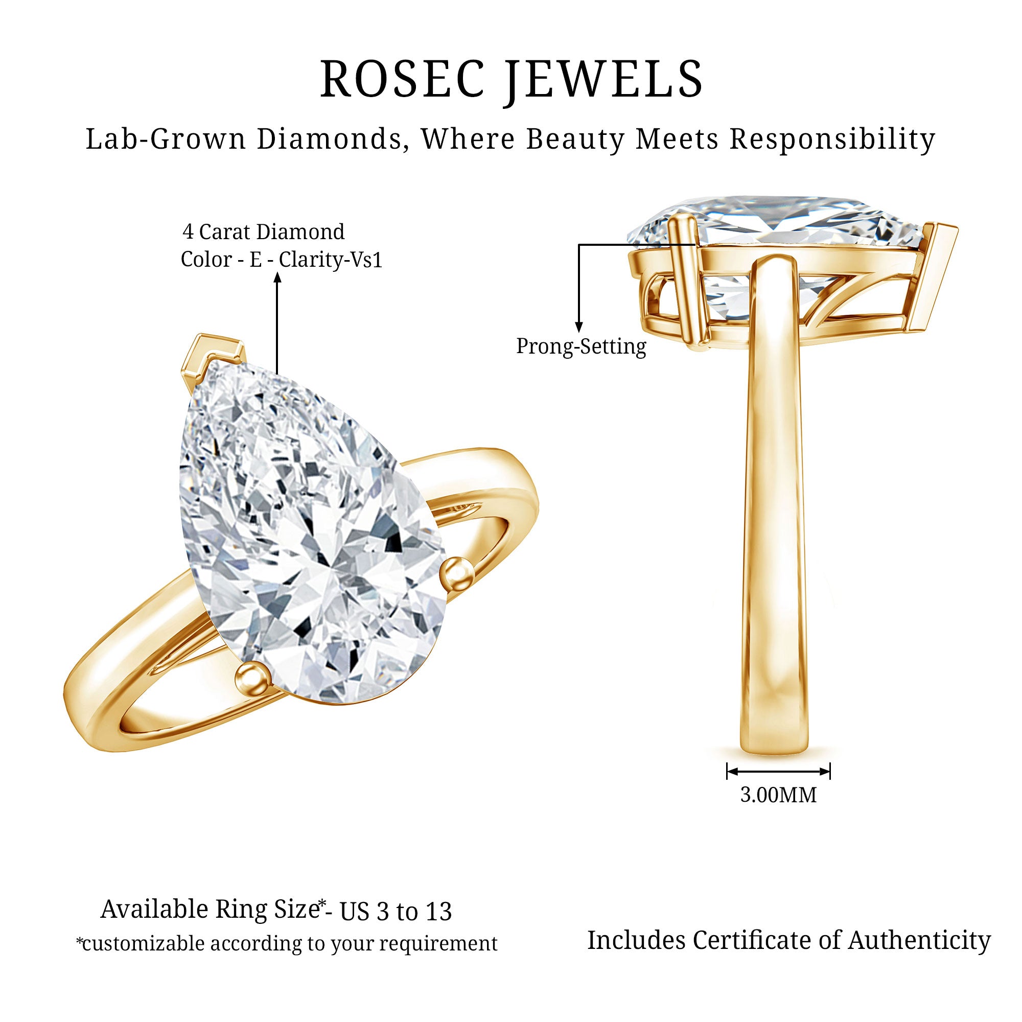 Rosec Jewels-4 Carat IGI Certified Lab Grown Diamond Pear Engagement Ring