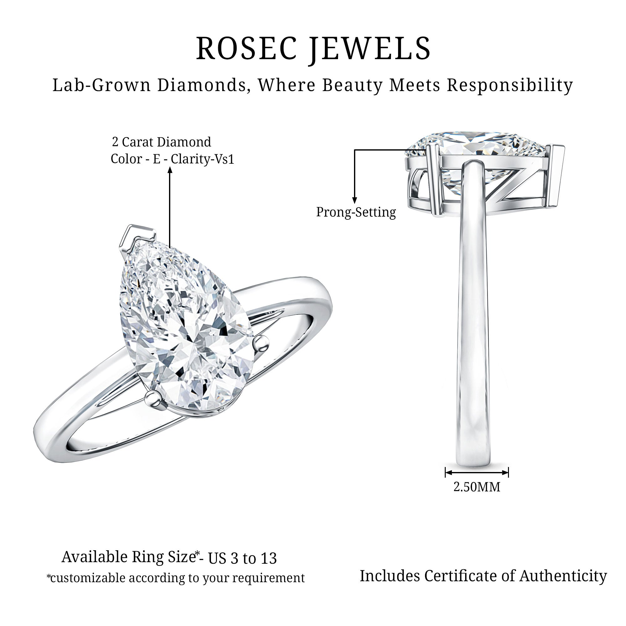 Rosec Jewels-2 Carat Solitaire Pear Cut Lab Grown Diamond Engagement Ring with IGI Certificate