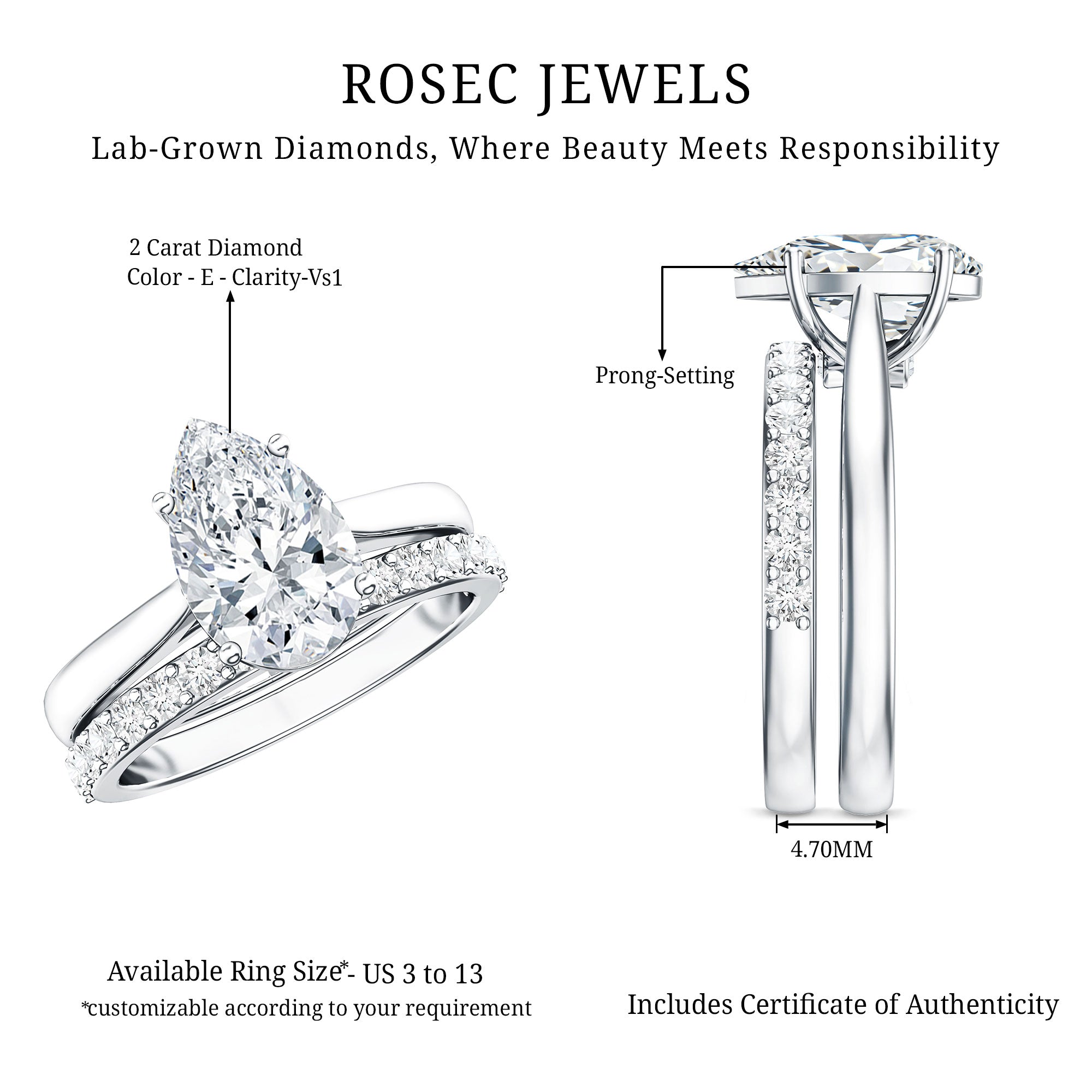 Rosec Jewels-IGI Certified Pear Shape 2 Carat Lab Grown Diamond Bridal Ring Set for Women