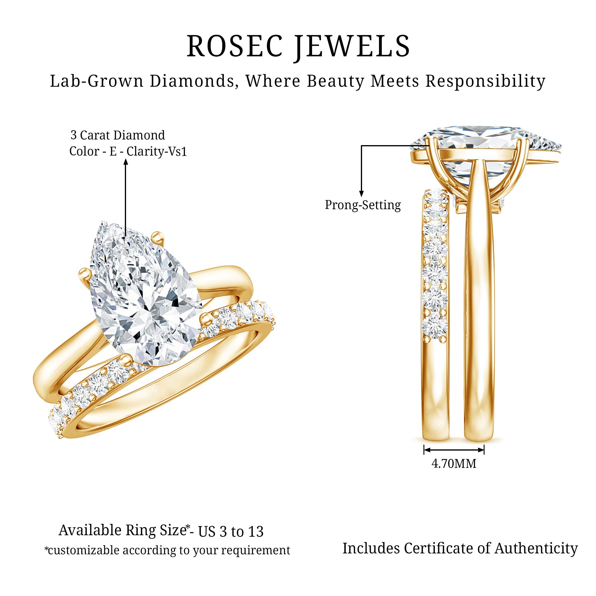 Rosec Jewels-IGI Certified 3 Carat Lab Grown Diamond Pear Cut Engagement Ring Set