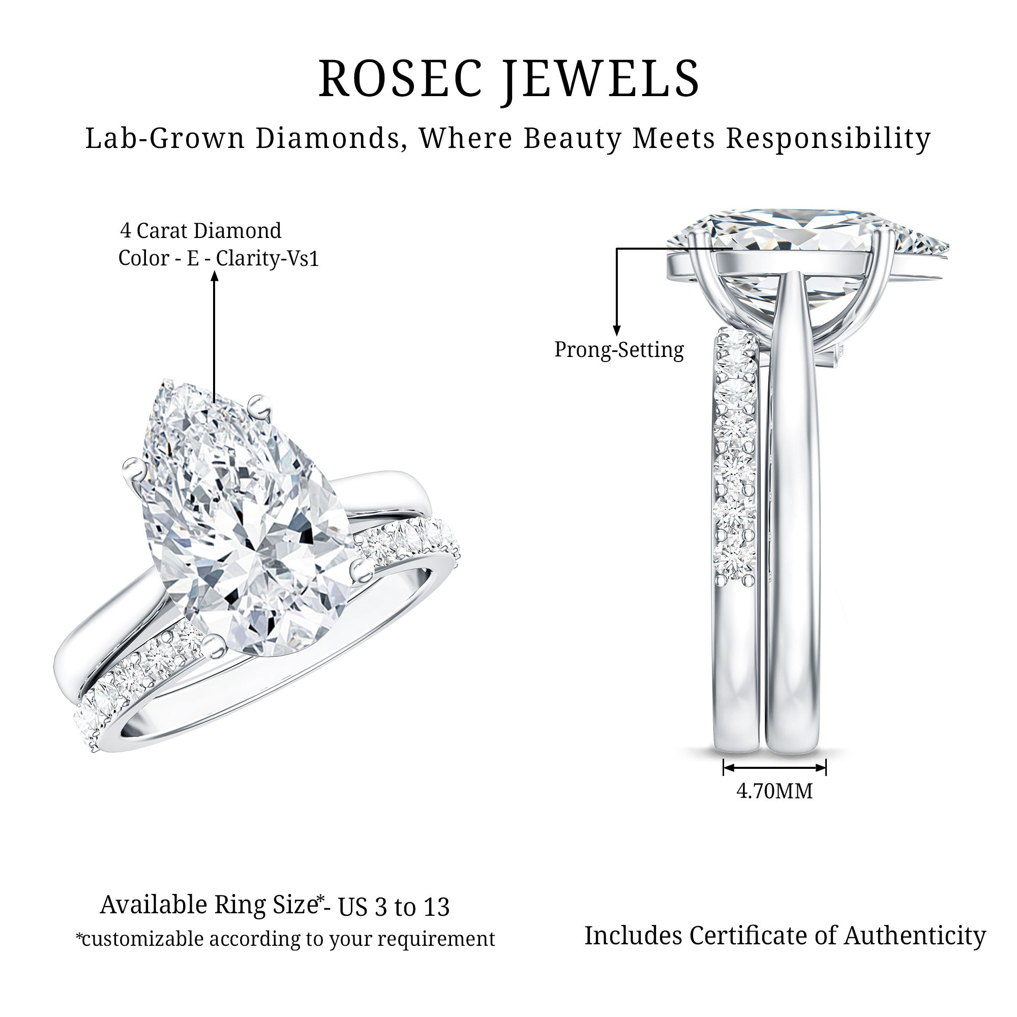 Rosec Jewels-4 Carat Pear Shape Solitaire Wedding Ring Set with IGI Certified Lab Grown Diamond