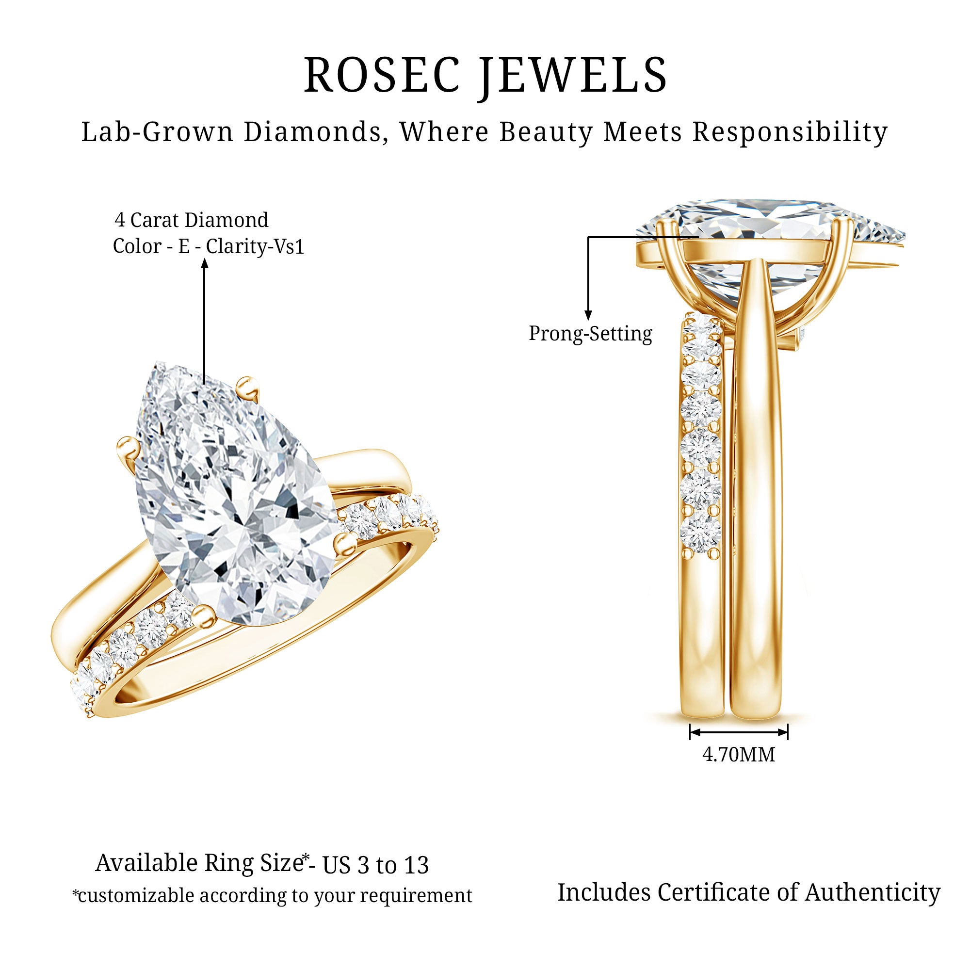 Rosec Jewels-4 Carat Pear Shape Solitaire Wedding Ring Set with IGI Certified Lab Grown Diamond
