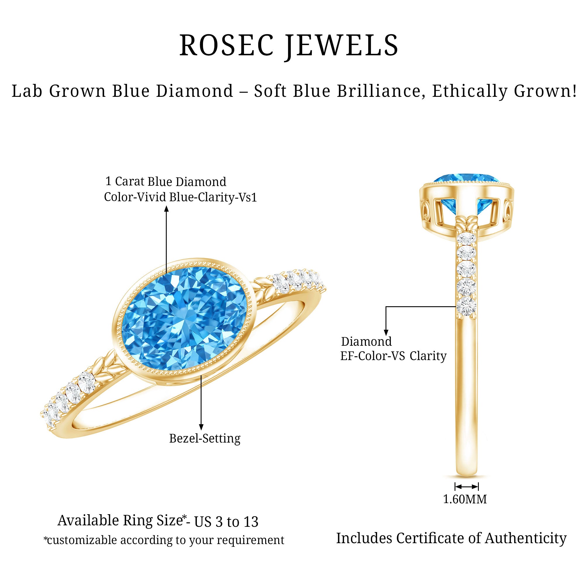 Rosec Jewels-1 Carat Oval Lab Grown Blue Diamond East West Engagement Ring IGI Certified