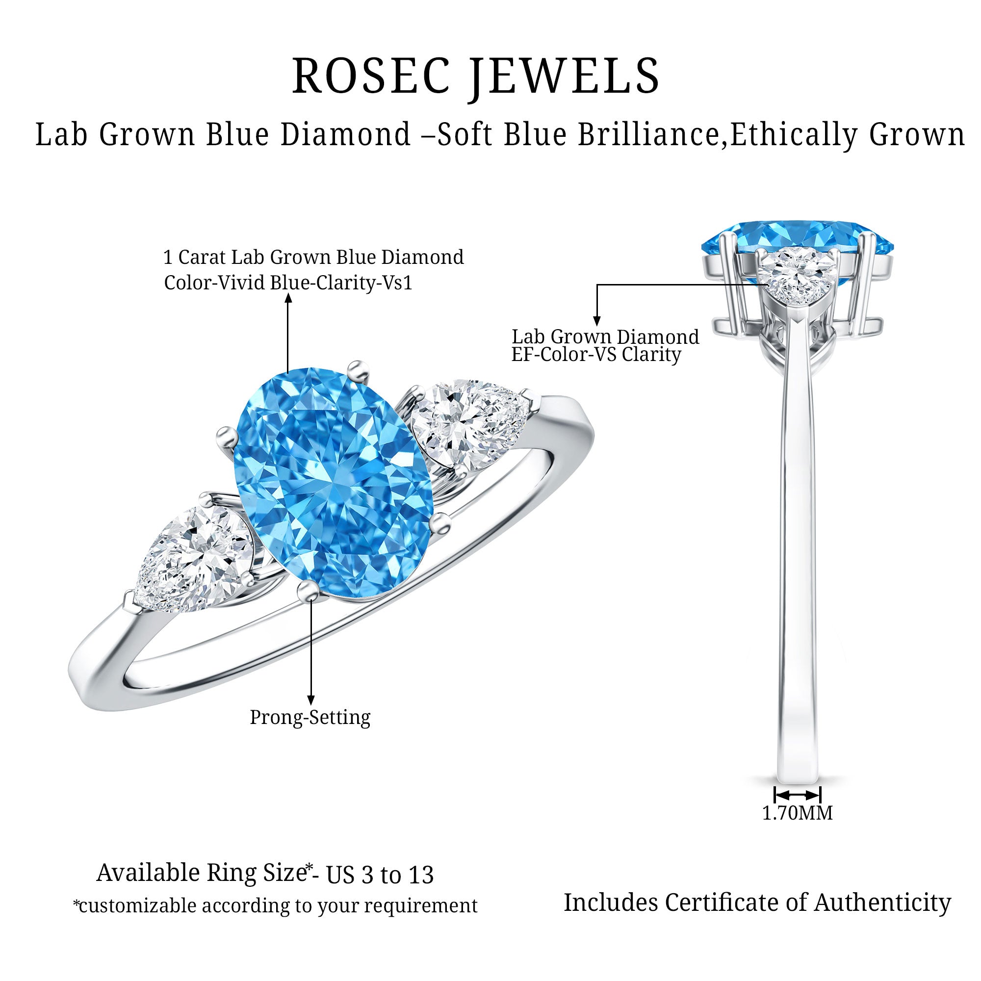 Rosec Jewels-IGI Certified 1 Carat Lab Grown Blue and White Diamond Three Stone Engagement Ring