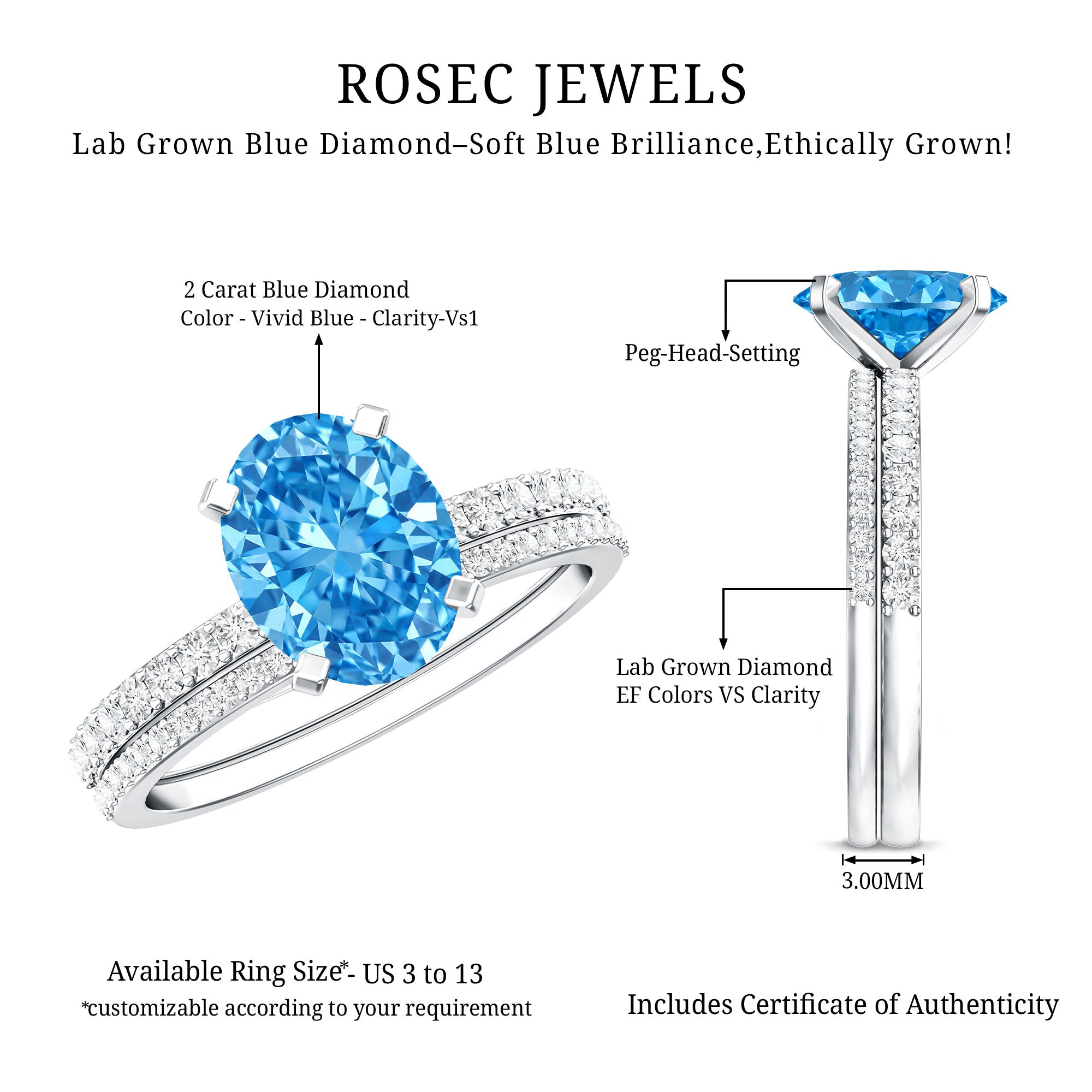 Rosec Jewels-Oval Shaped 2 Carat Lab Blue Diamond Engagement Ring Set with IGI Certificate