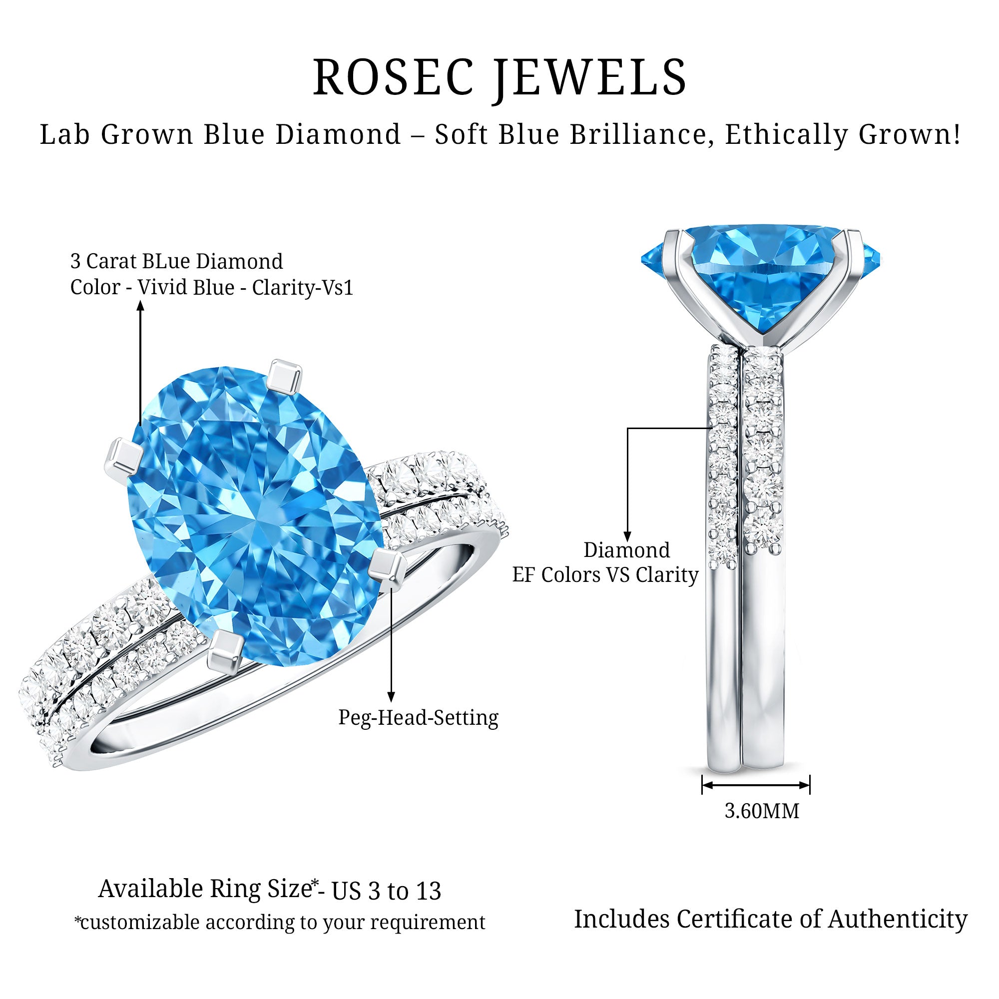 Rosec Jewels-IGI Certified 3 Carat Oval Lab Grown Blue Diamond Solitaire Bridal Ring Set