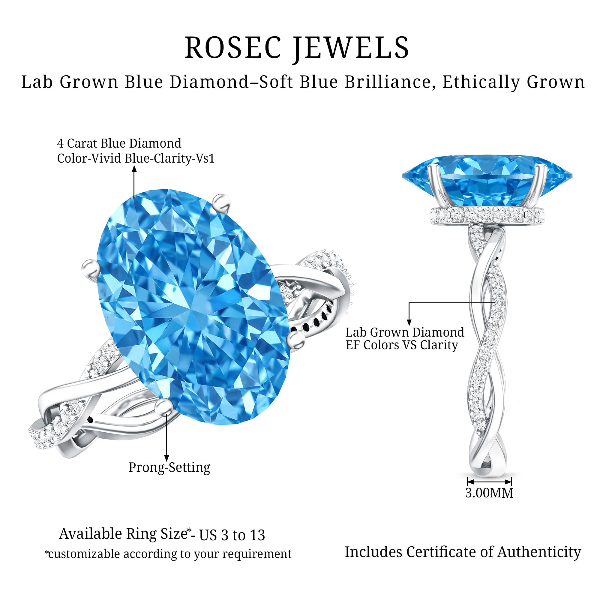 Rosec Jewels-IGI Certified 4 Carat Lab Grown Blue Diamond Oval Engagement Ring with Infinity Shank
