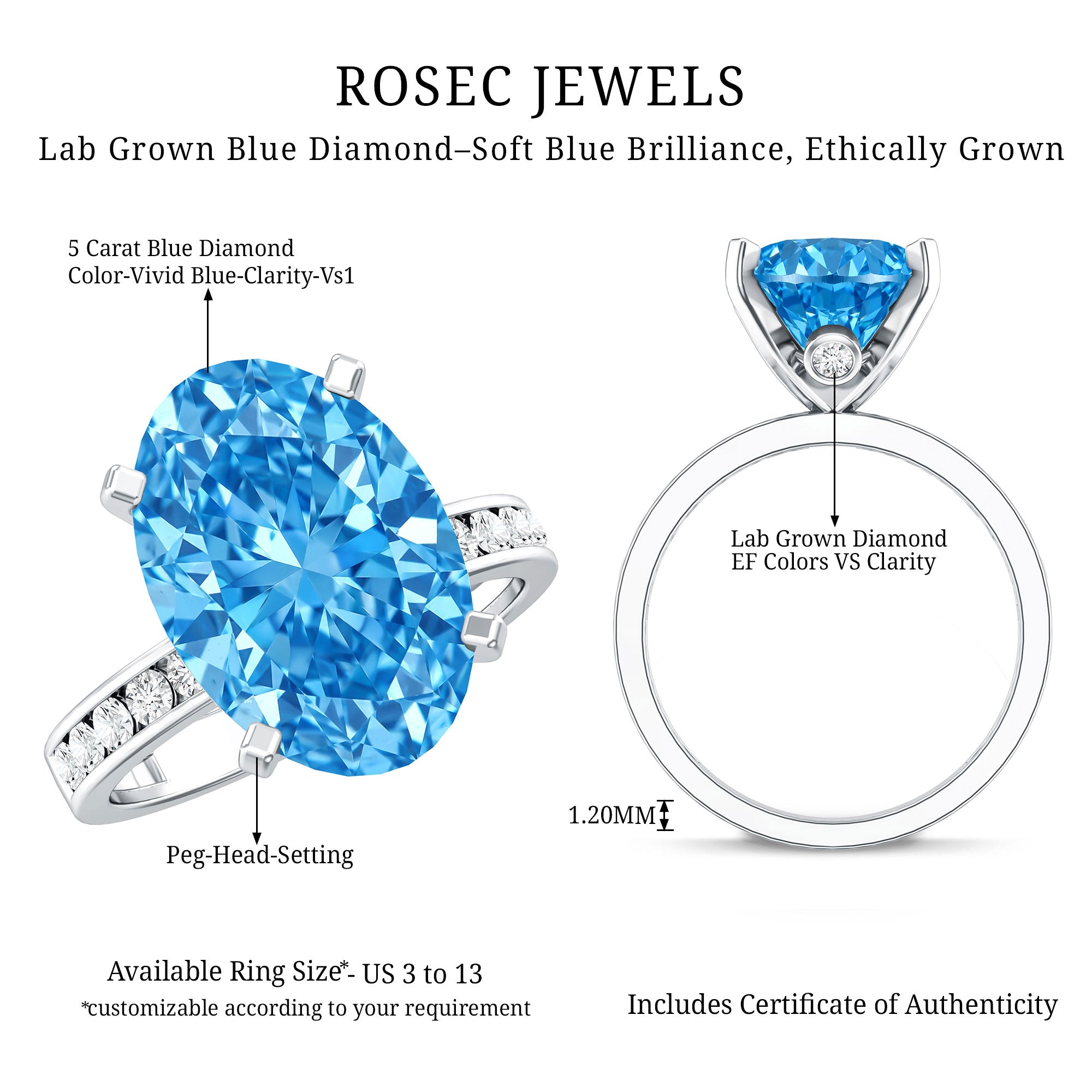 Rosec Jewels-IGI Certified 5 Carat Oval Shape Lab Grown Blue Diamond Statement Engagement Ring