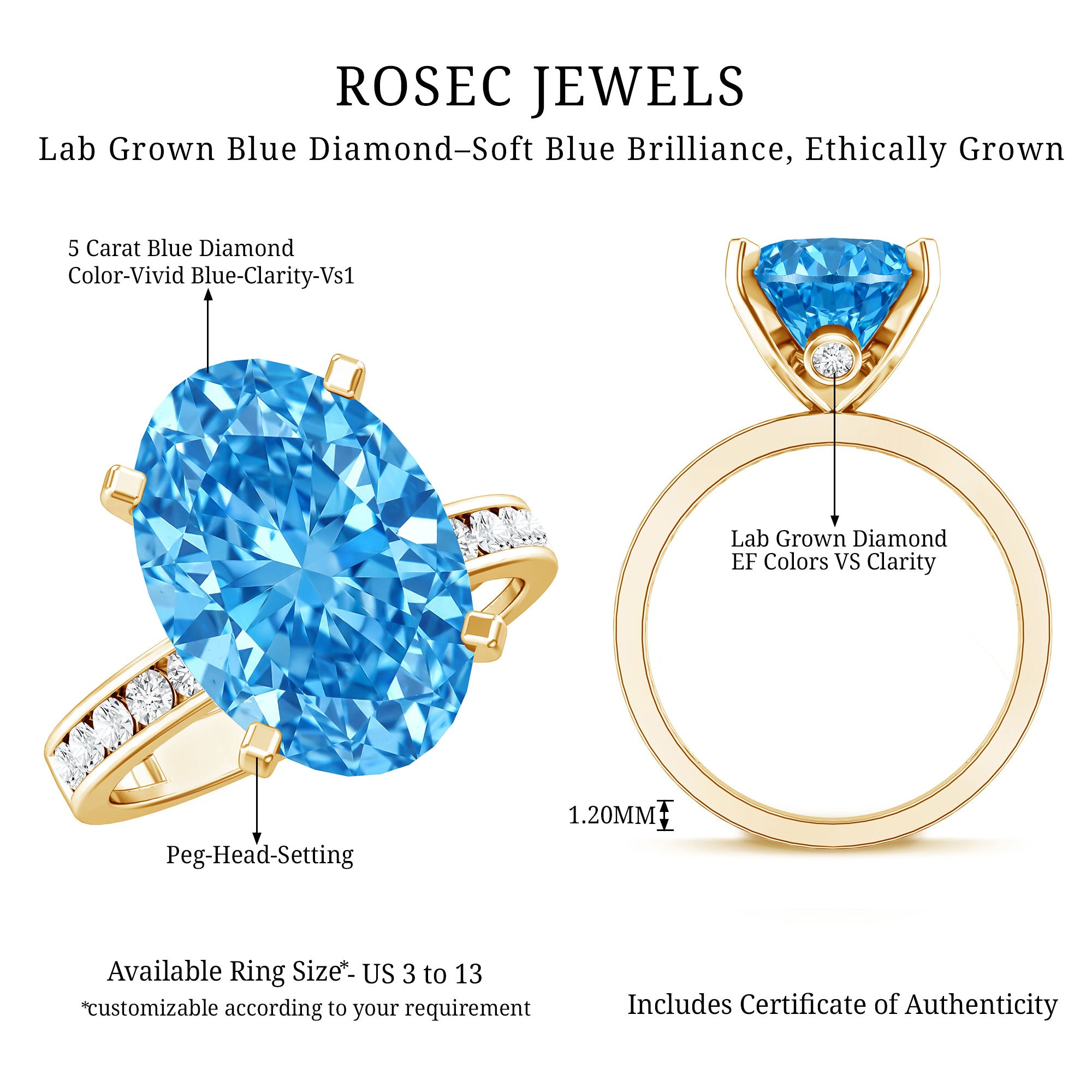 Rosec Jewels-IGI Certified 5 Carat Oval Shape Lab Grown Blue Diamond Statement Engagement Ring