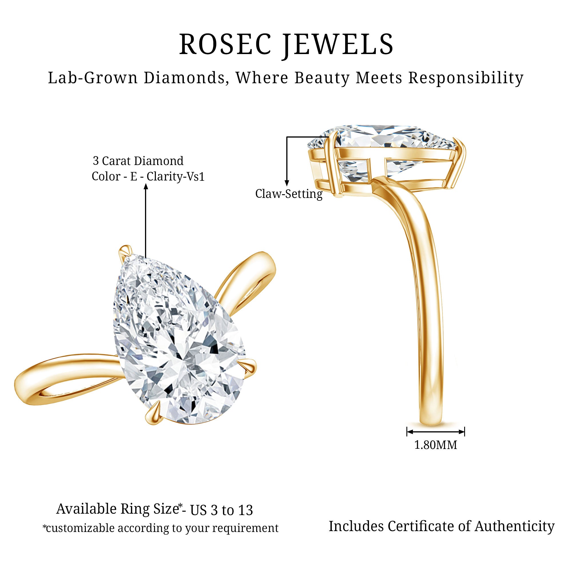 Rosec Jewels-IGI Certified V Shaped Lab Grown Diamond Pear Engagement Ring 3 Carat