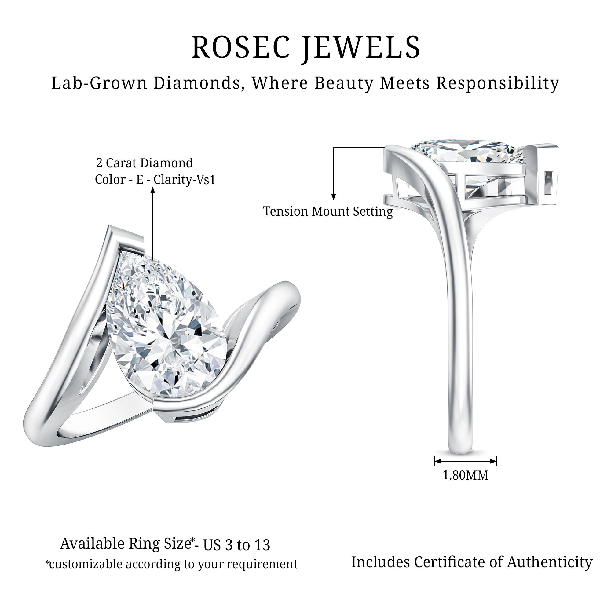 Rosec Jewels-IGI Certified 2 Carat Pear Cut Lab Diamond Bypass Engagement Ring in Tension Setting