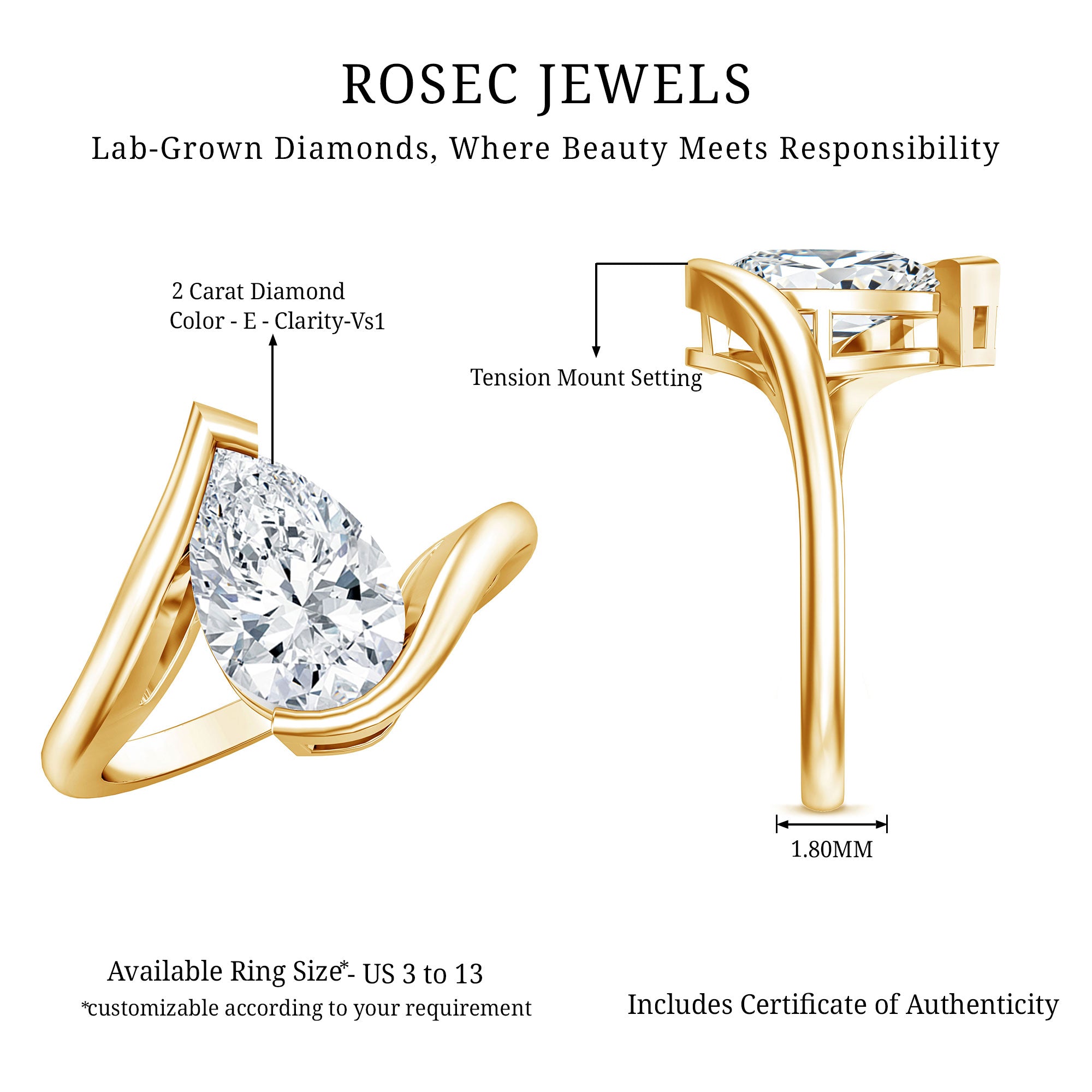 Rosec Jewels-IGI Certified 2 Carat Pear Cut Lab Diamond Bypass Engagement Ring in Tension Setting
