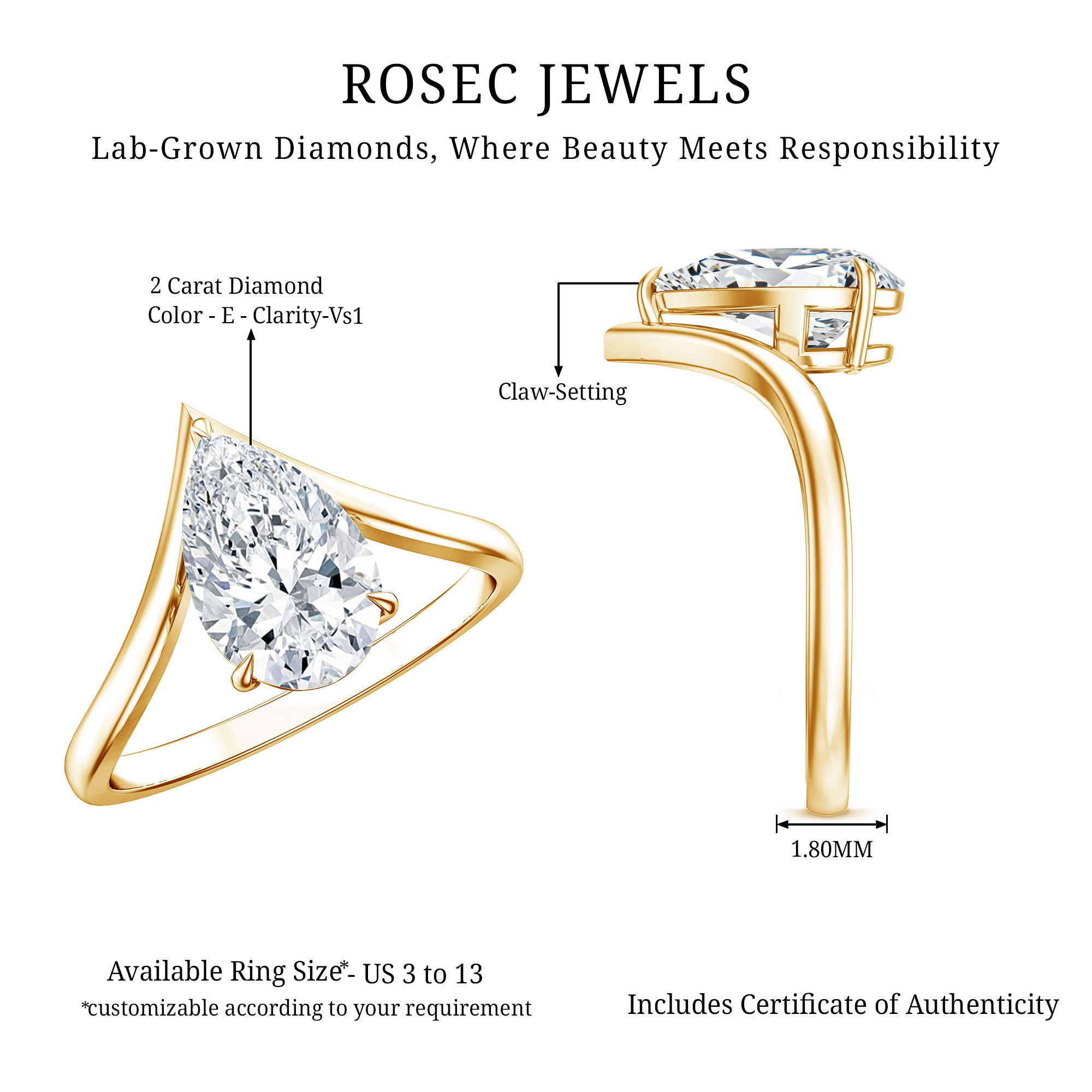 Rosec Jewels-Pear Shape 2 Carat Lab Grown Diamond Chevron Engagement Ring with IGI Certificate