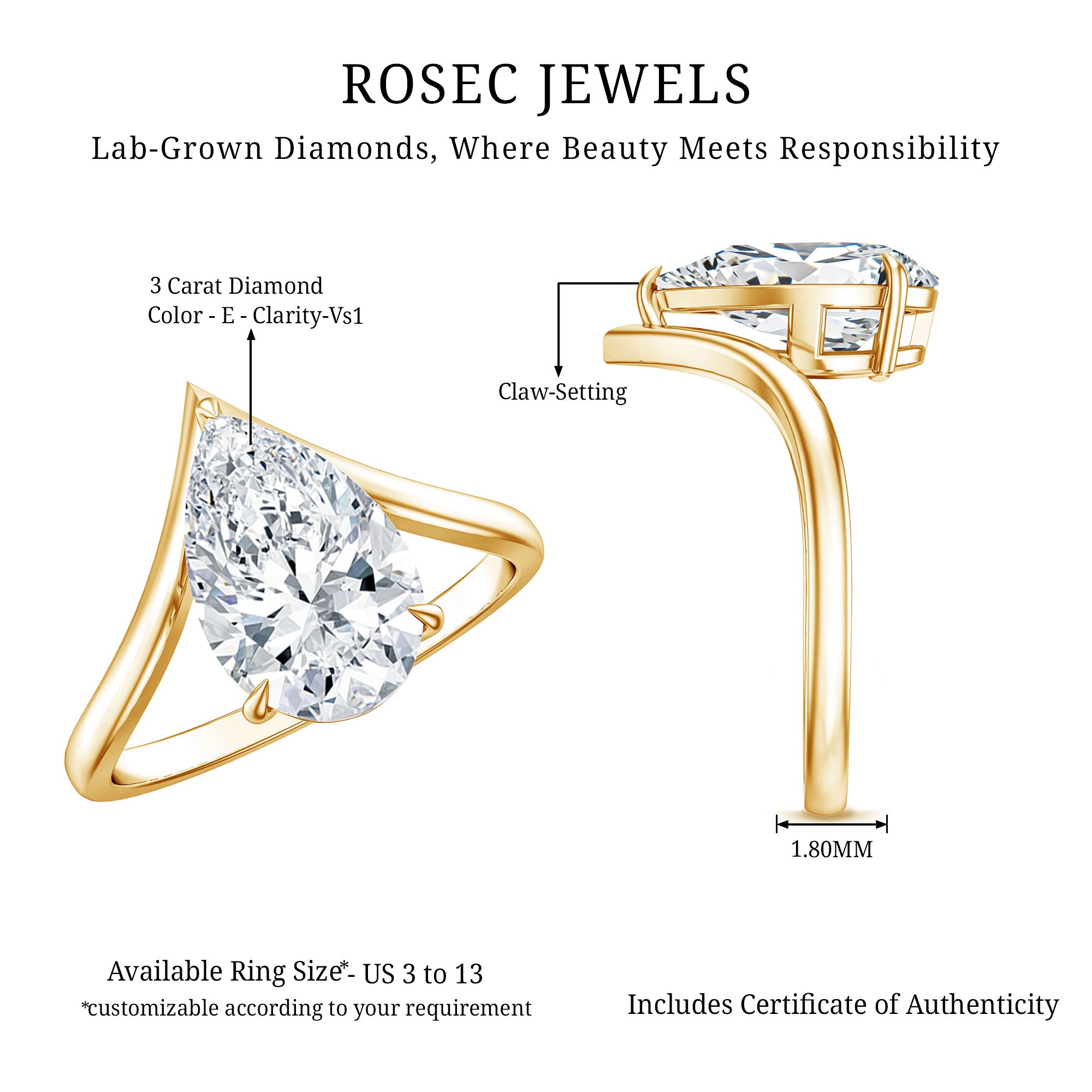 Rosec Jewels-Pear Shape 3 Carat Lab Diamond V Shaped Engagement Ring with IGI Certificate