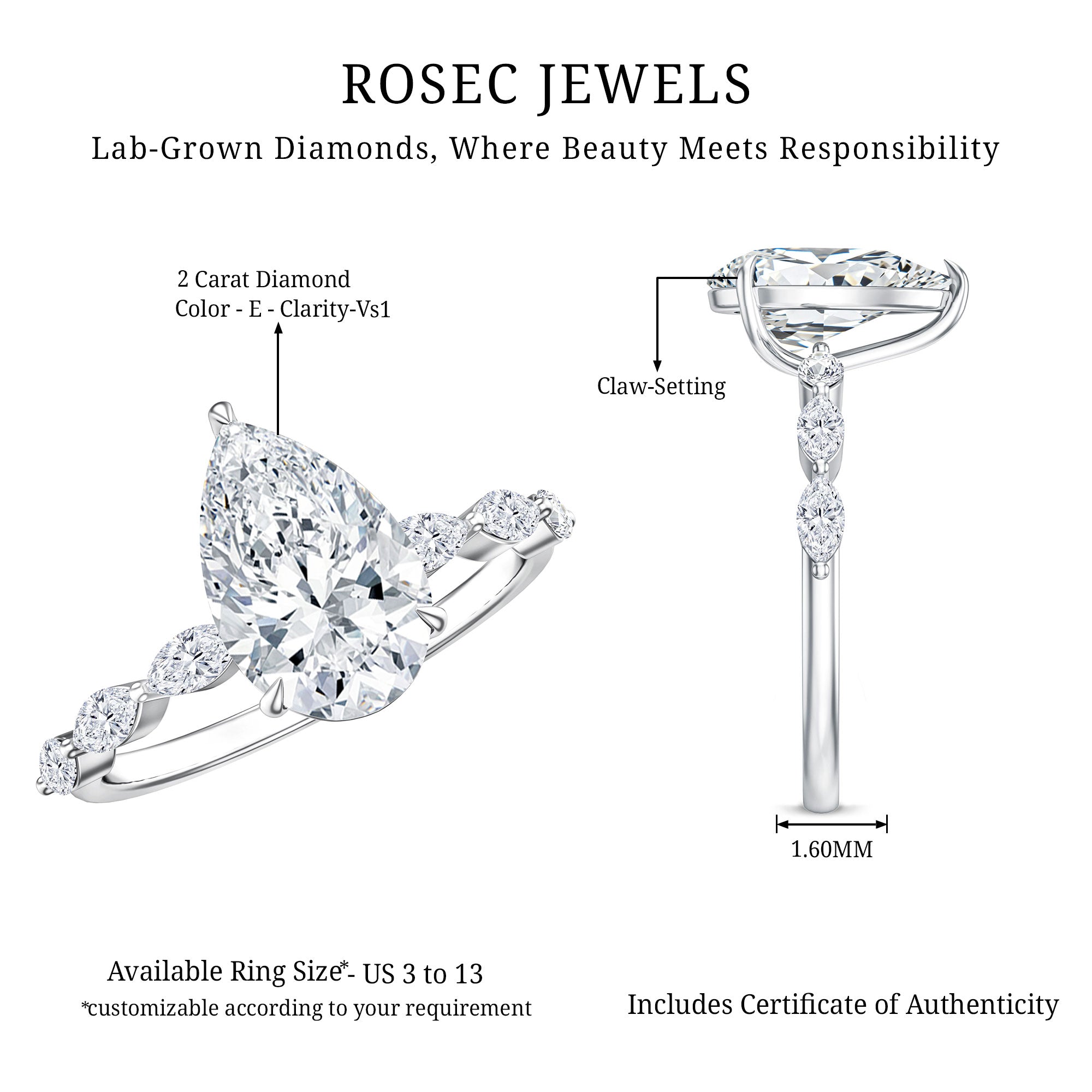 Rosec Jewels-Pear Shaped Lab Grown Diamond 2 Carat Engagement Ring IGI Certified