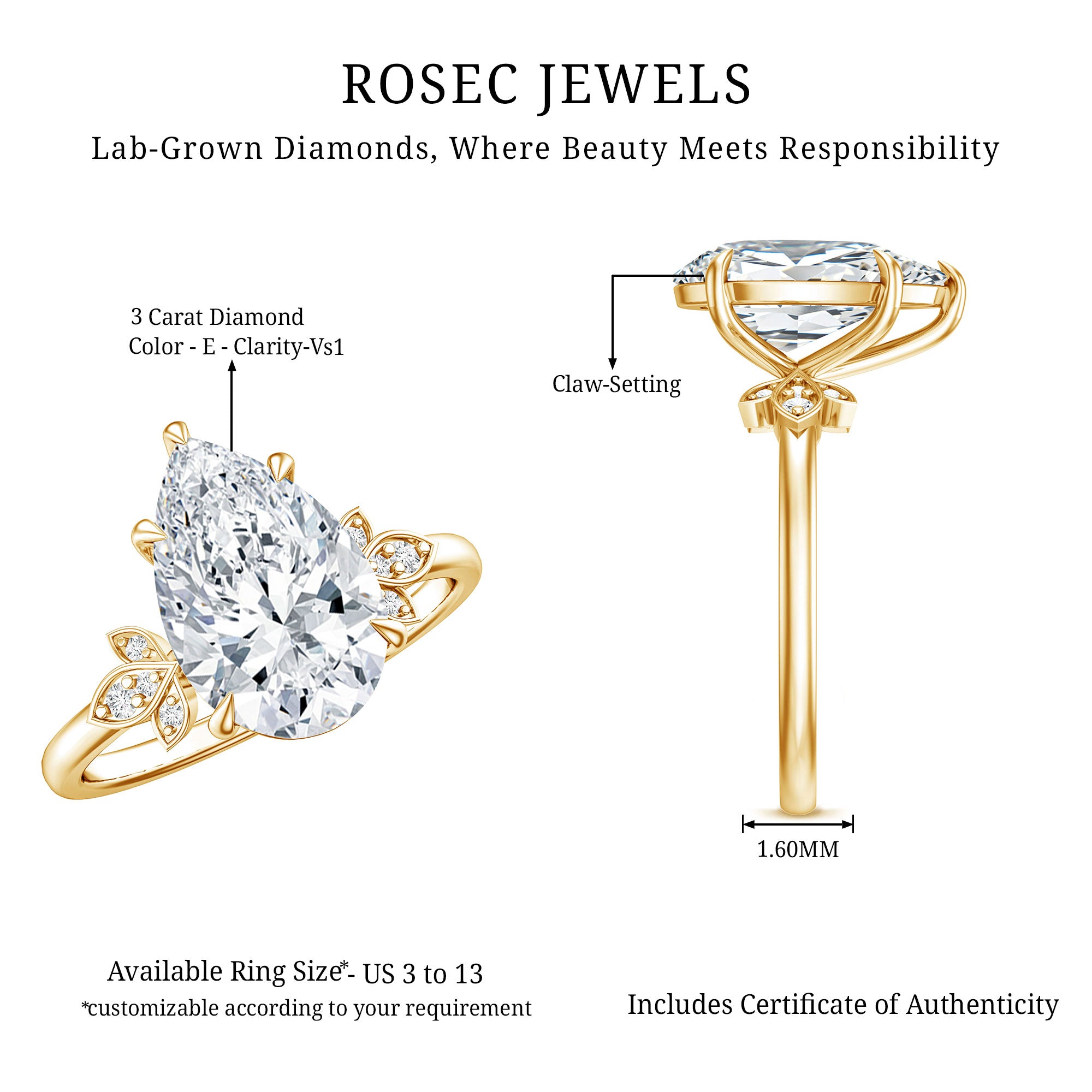 Rosec Jewels-Nature Inspired 3 Carat Lab Grown Diamond Solitaire Engagement Ring IGI Certified